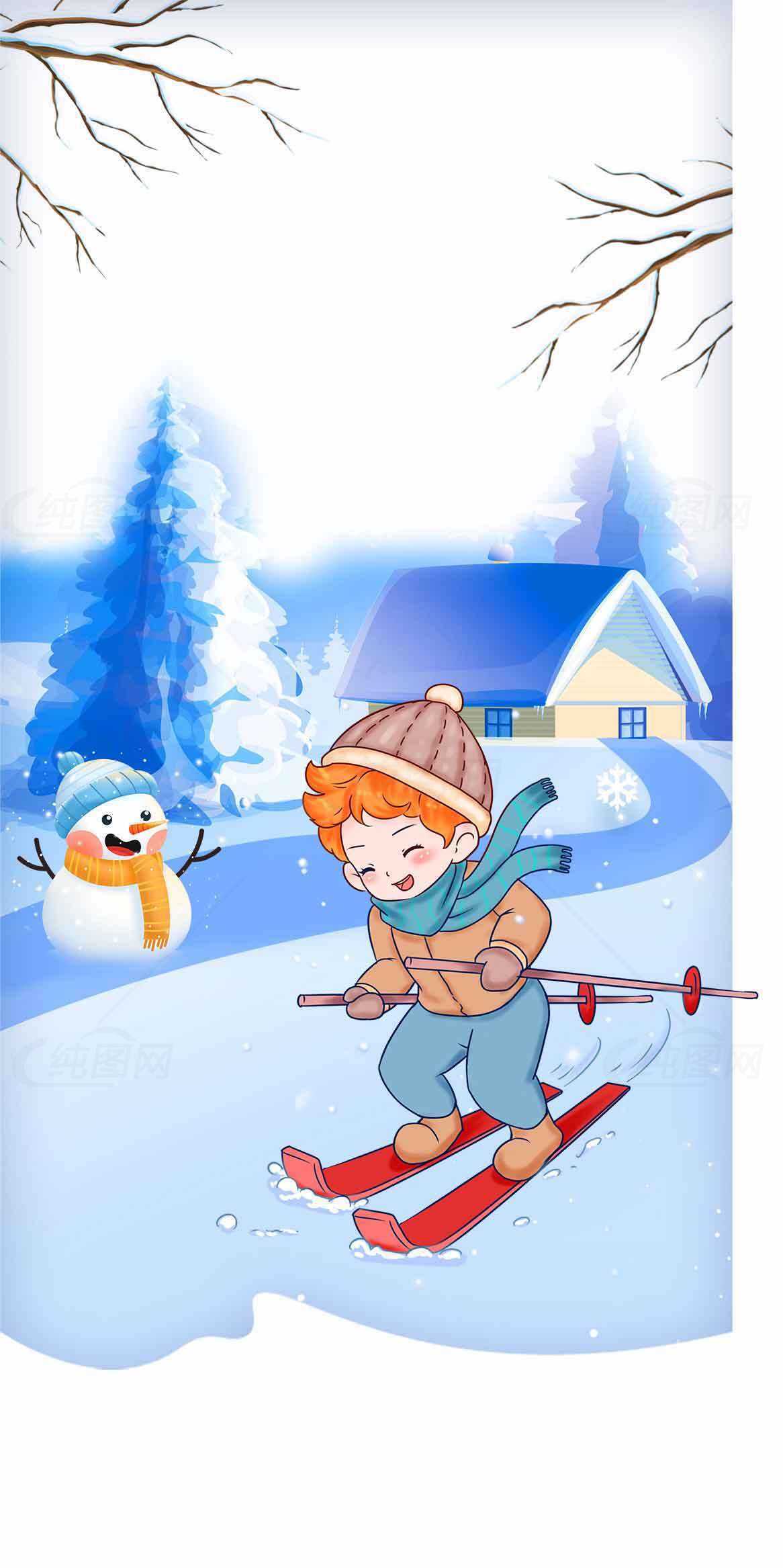 冬季滑雪卡通插画：孩子与雪人欢乐时光素材