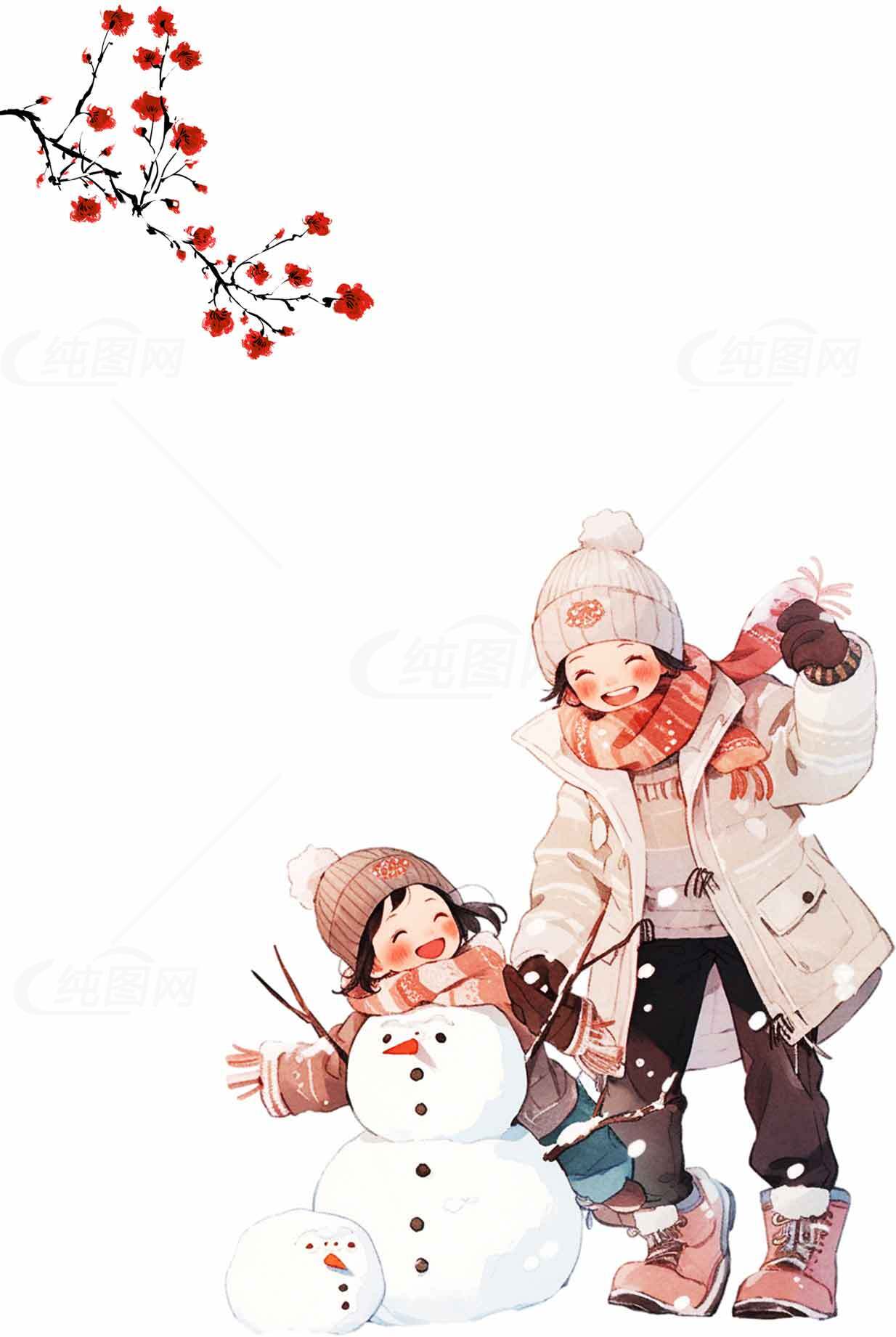 冬日亲子堆雪人插画图片素材