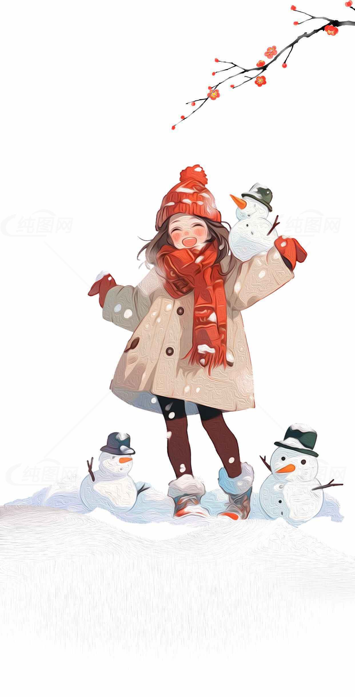 冬季童趣插画：女孩与雪人互动场景素材