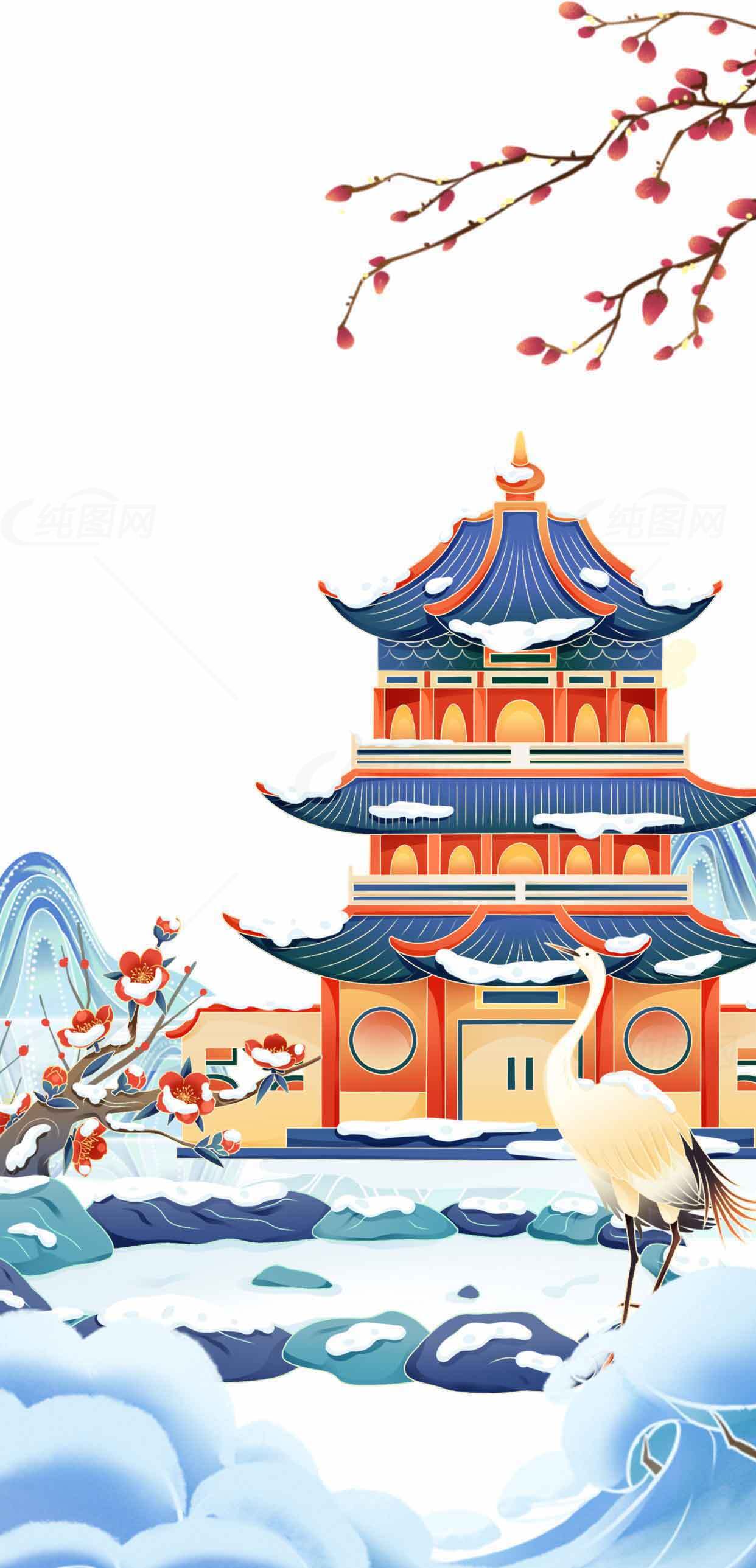 冬季中国传统建筑与丹顶鹤插画素材