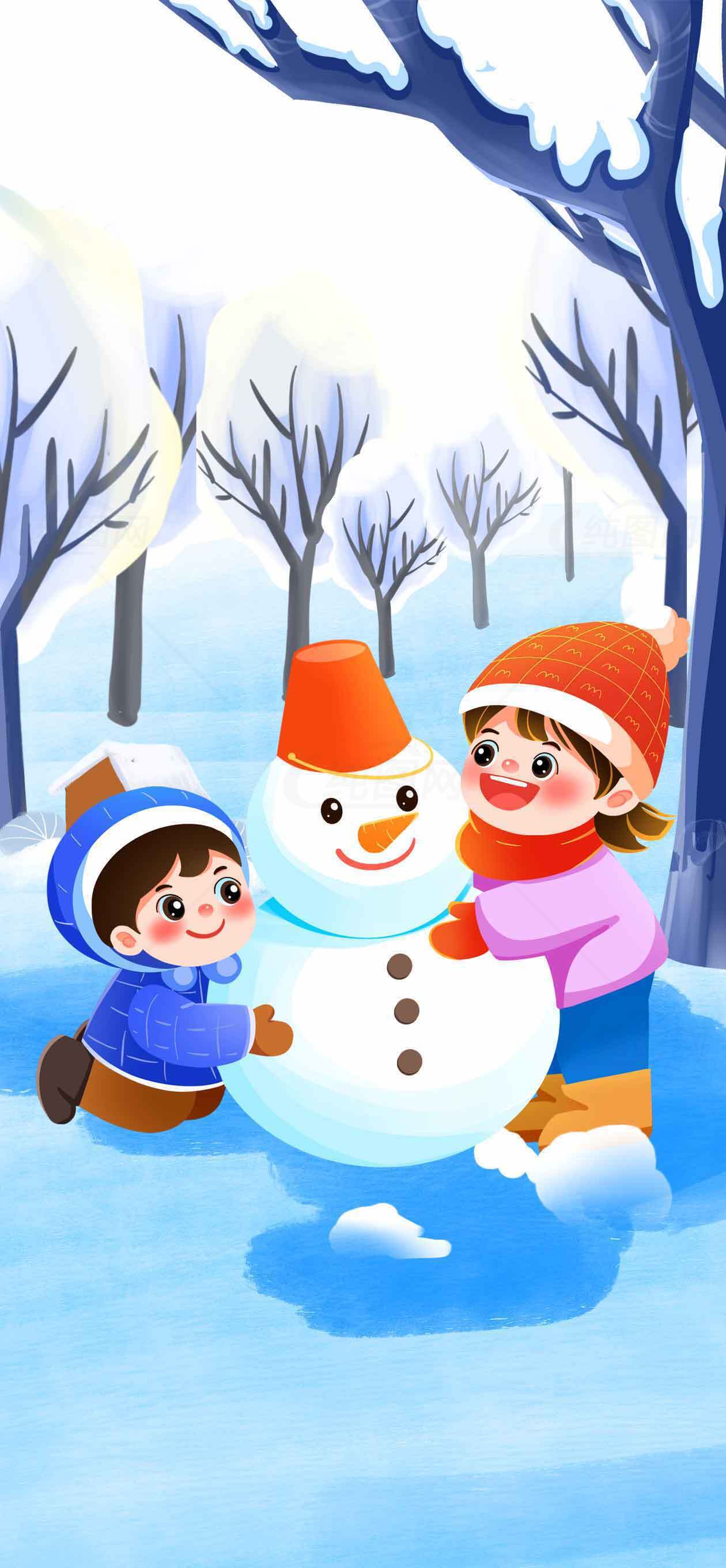 冬季儿童堆雪人场景插画素材