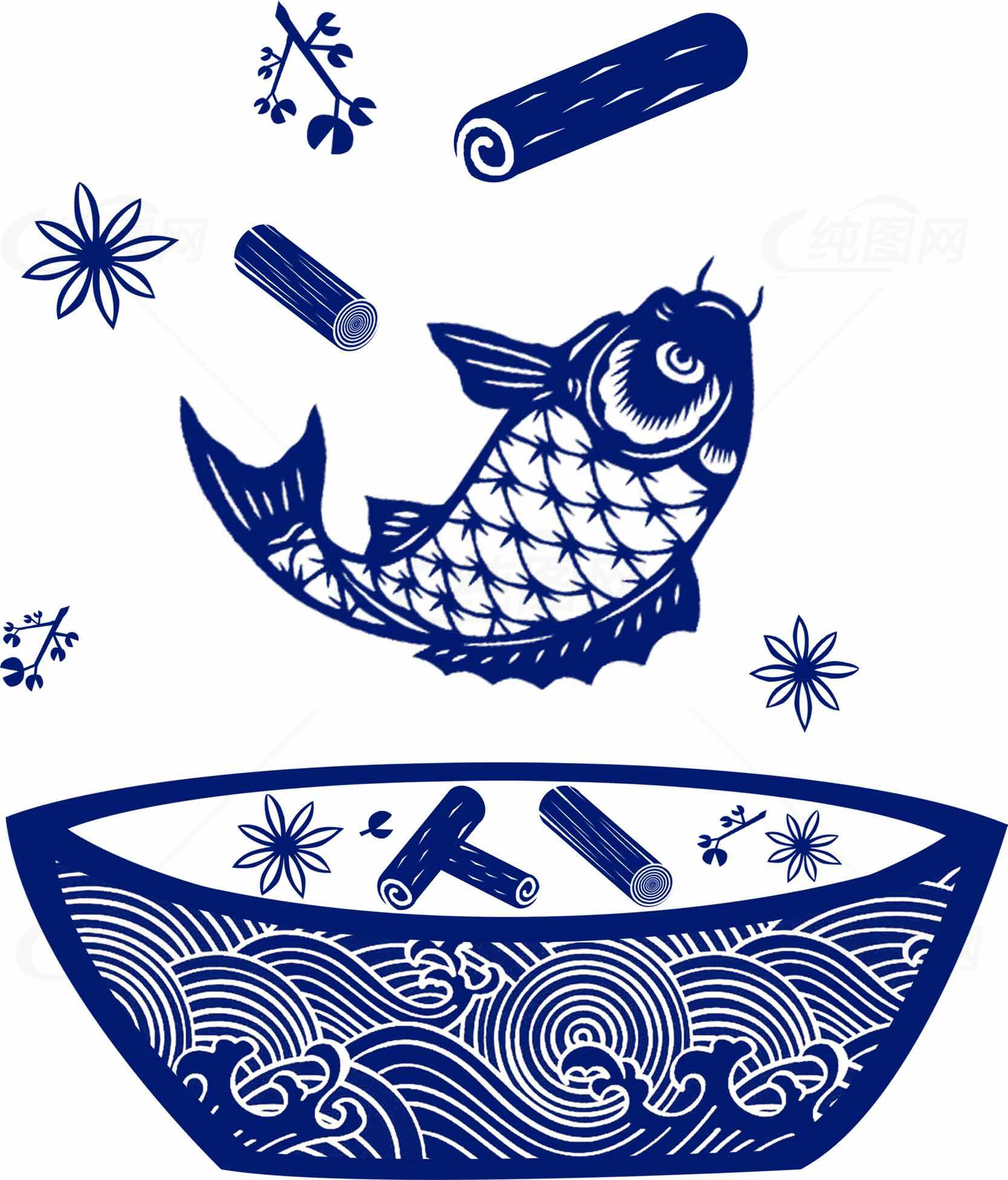 传统蓝白鱼纹艺术插画素材