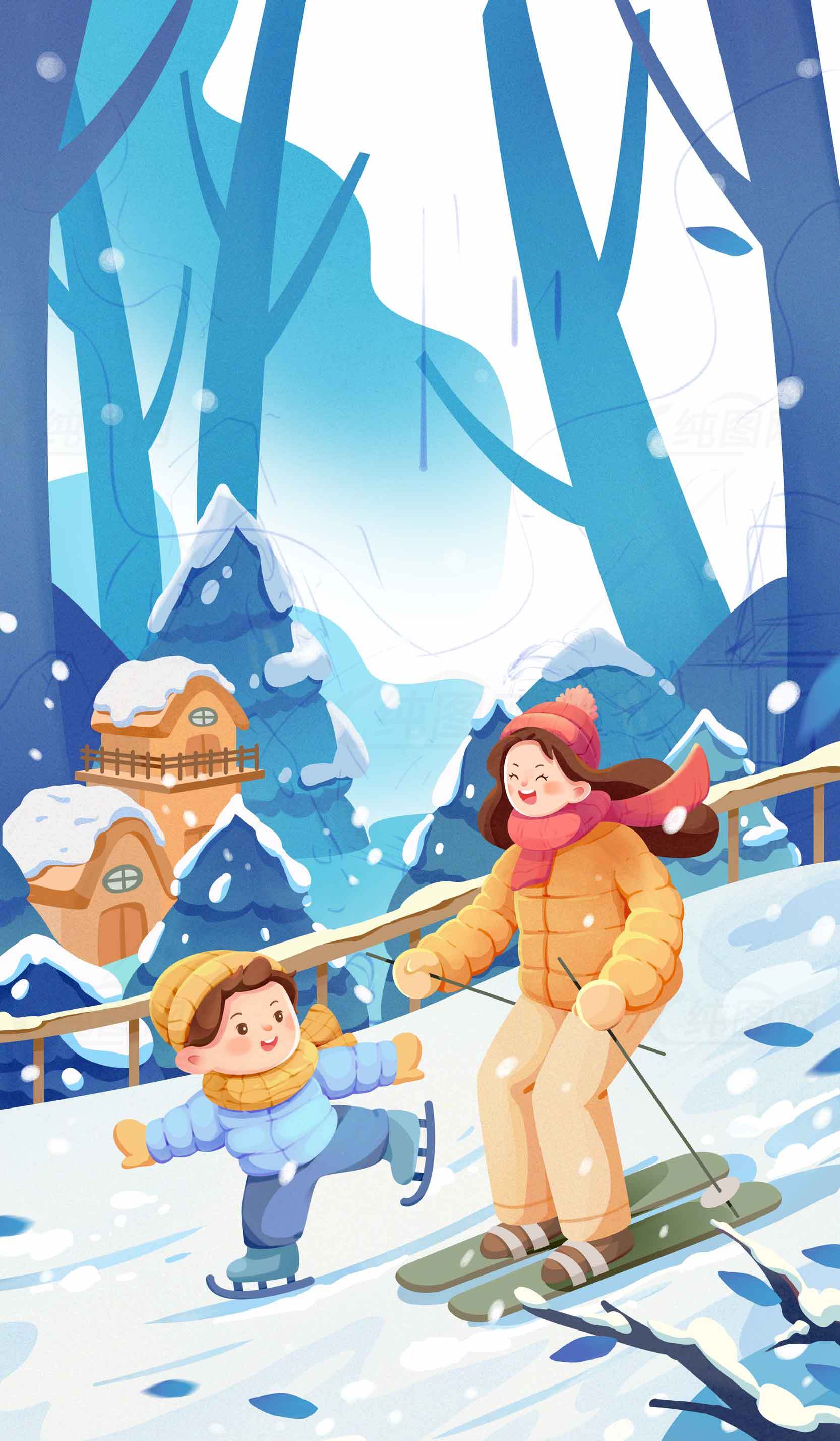 冬季亲子滑雪场景插画素材