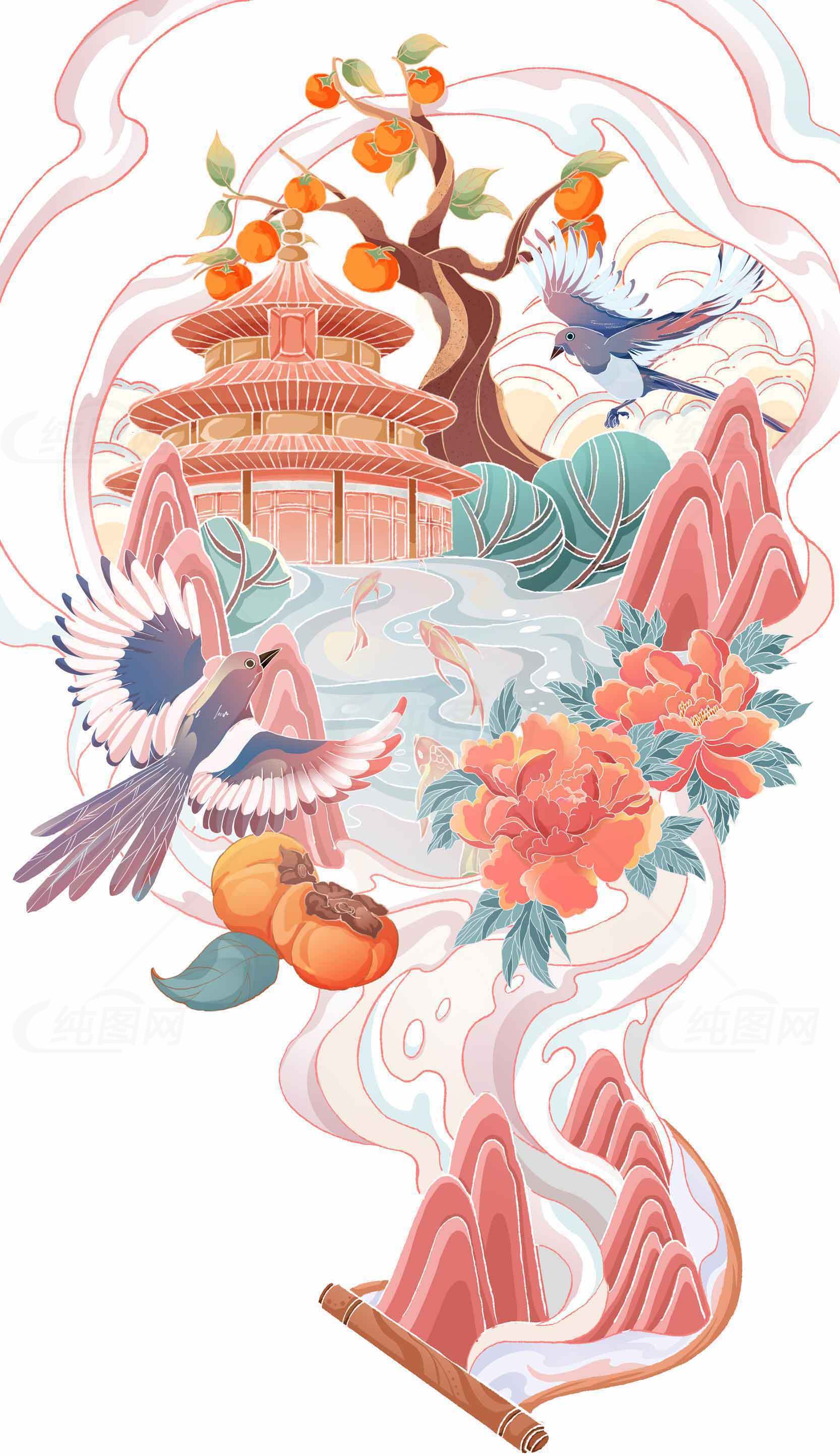 中国传统插画风格：山水与花鸟的唯美意境素材