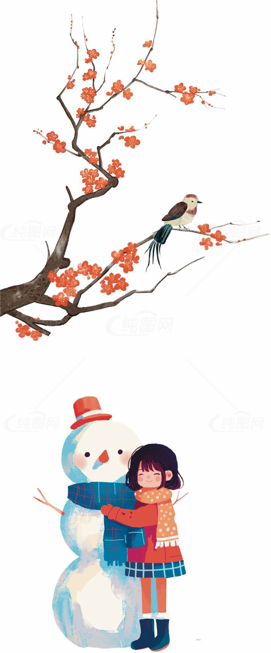 冬日温馨插画：女孩与雪人和梅花枝上的小鸟素材