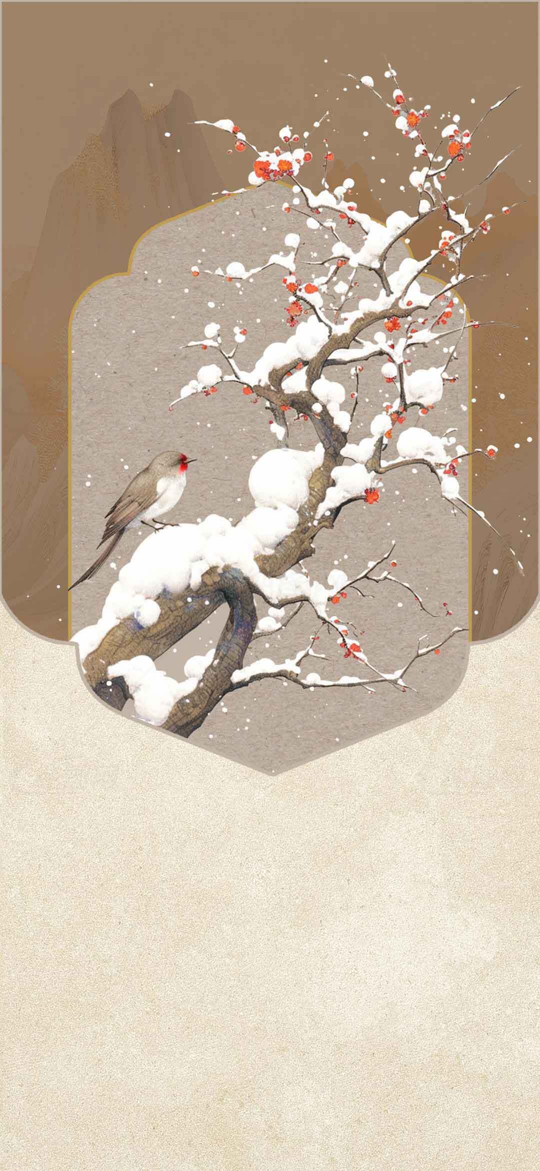 冬日雪景与红梅鸟儿国画风插画素材