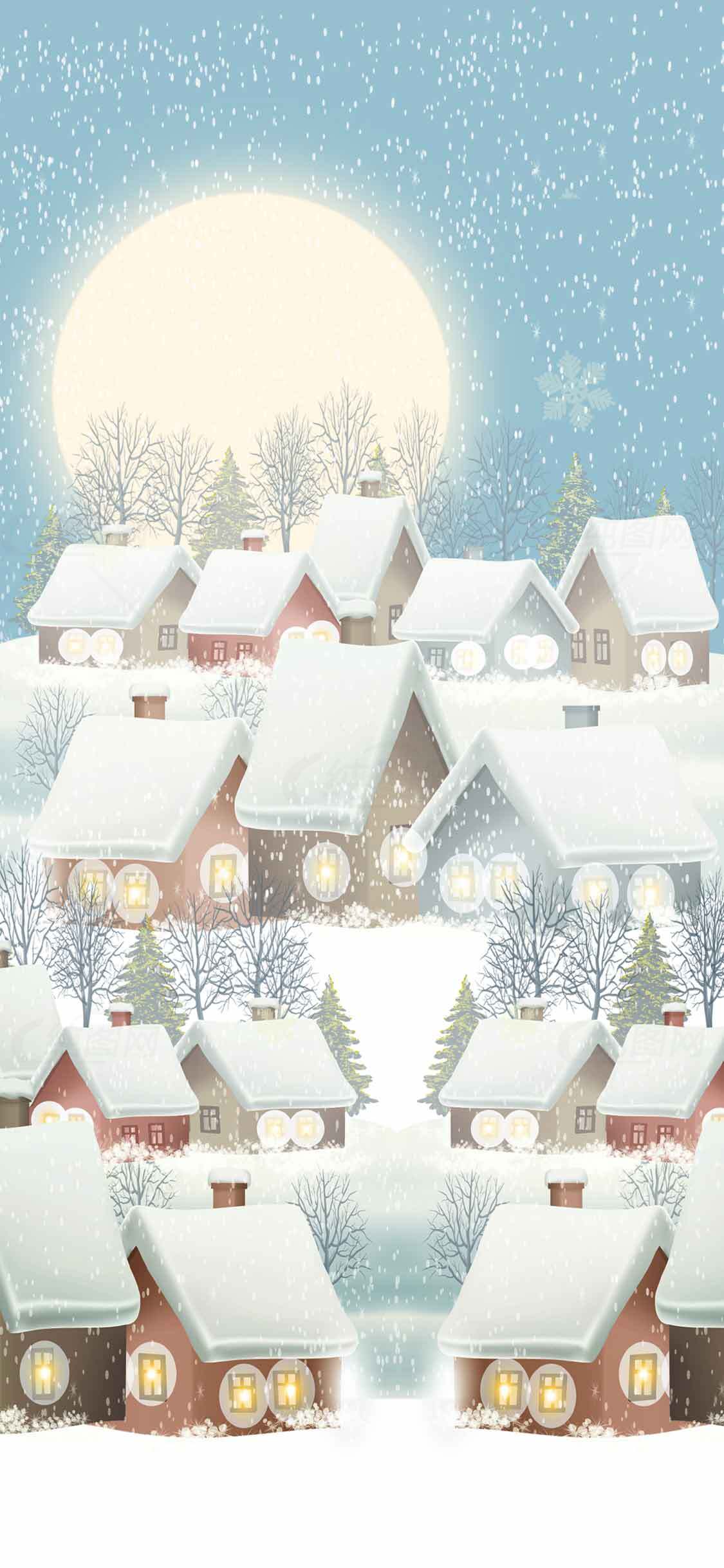 冬季雪景小村庄插画唯美壁纸素材