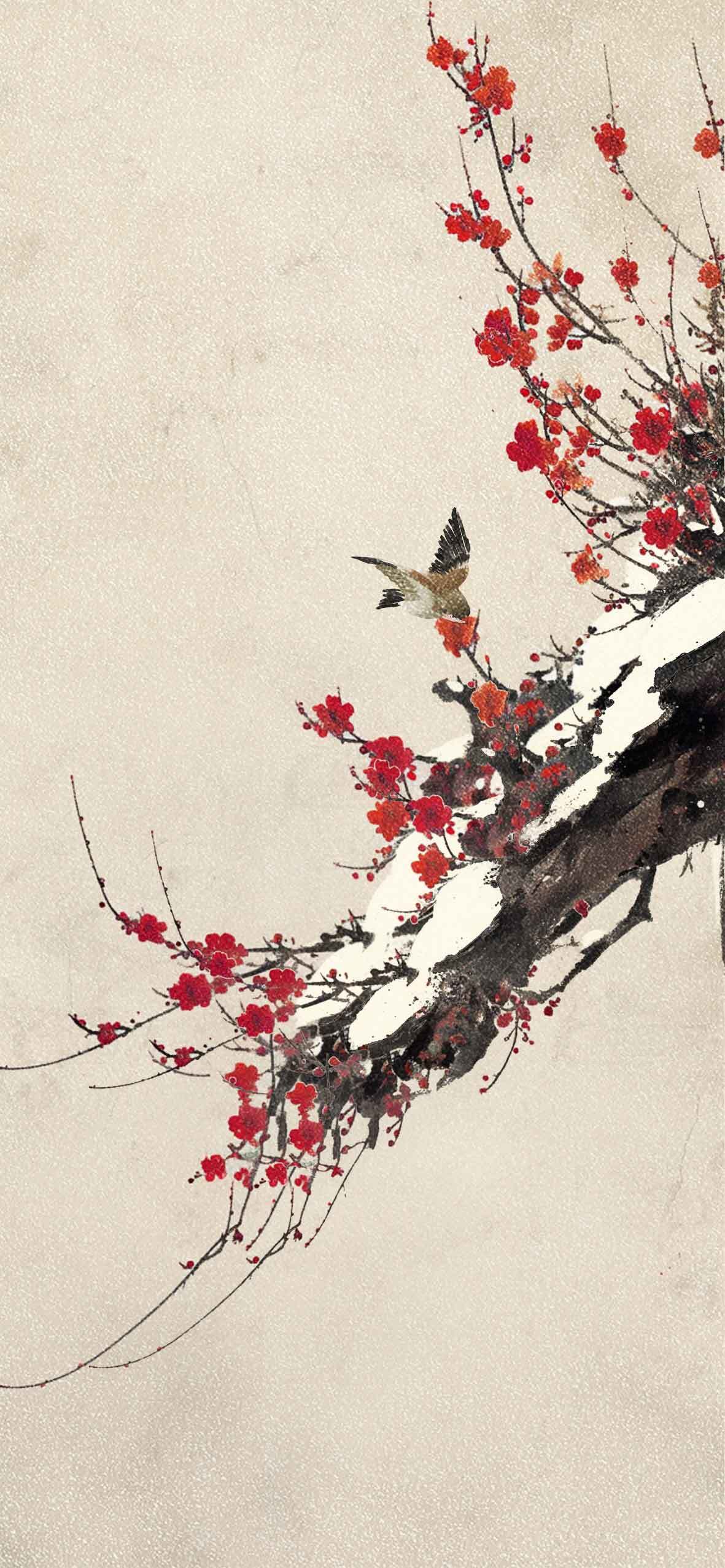 中国风水墨画红梅与小鸟唯美意境图素材