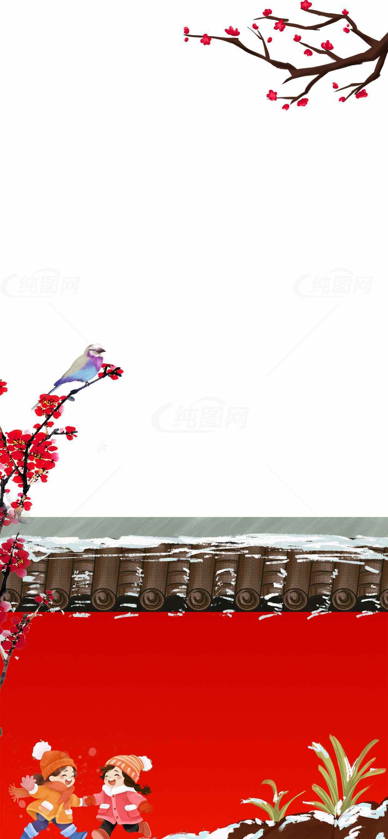 冬季红梅与儿童插画背景图片素材