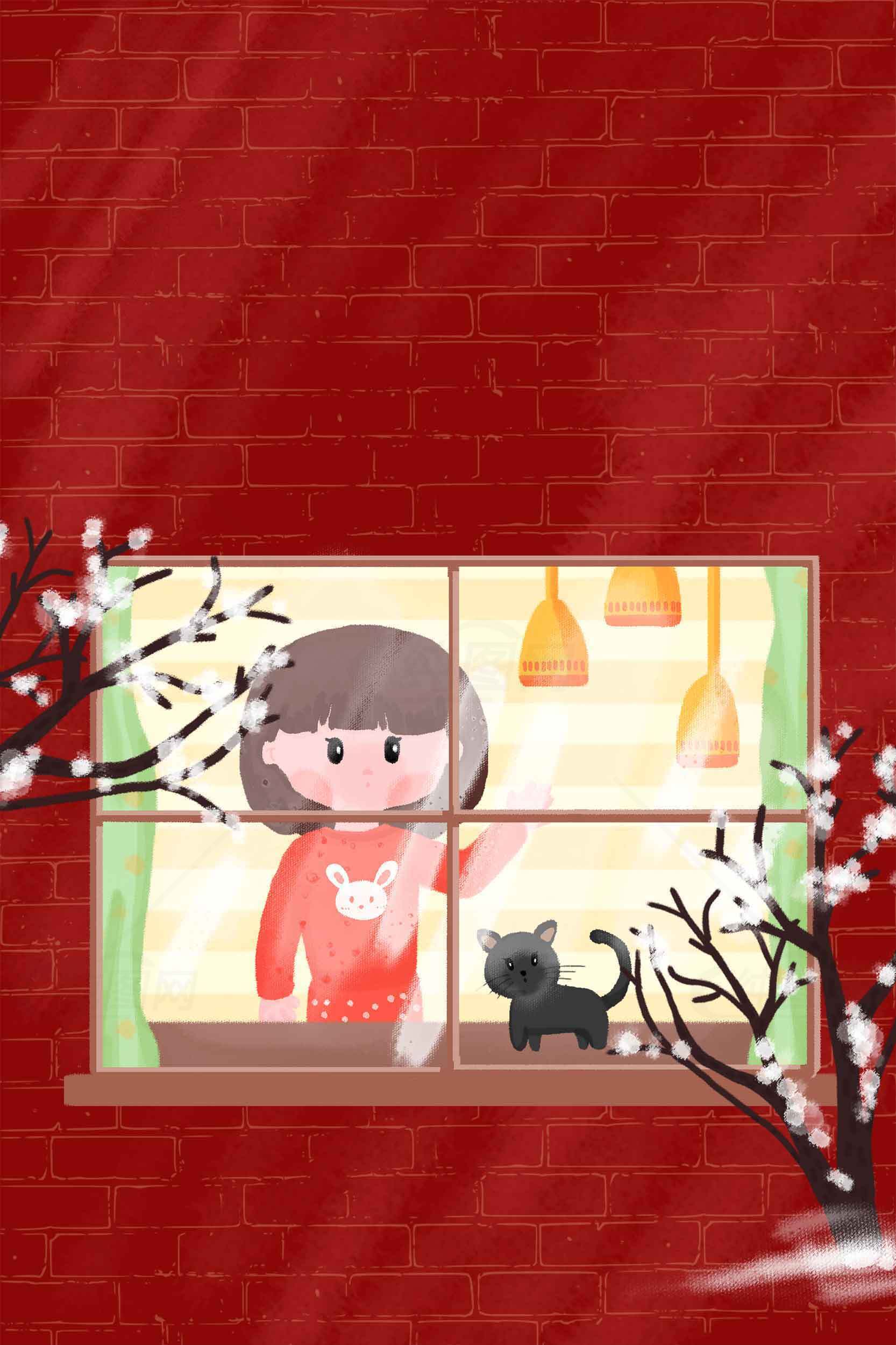 温馨窗边女孩与黑猫插画素材