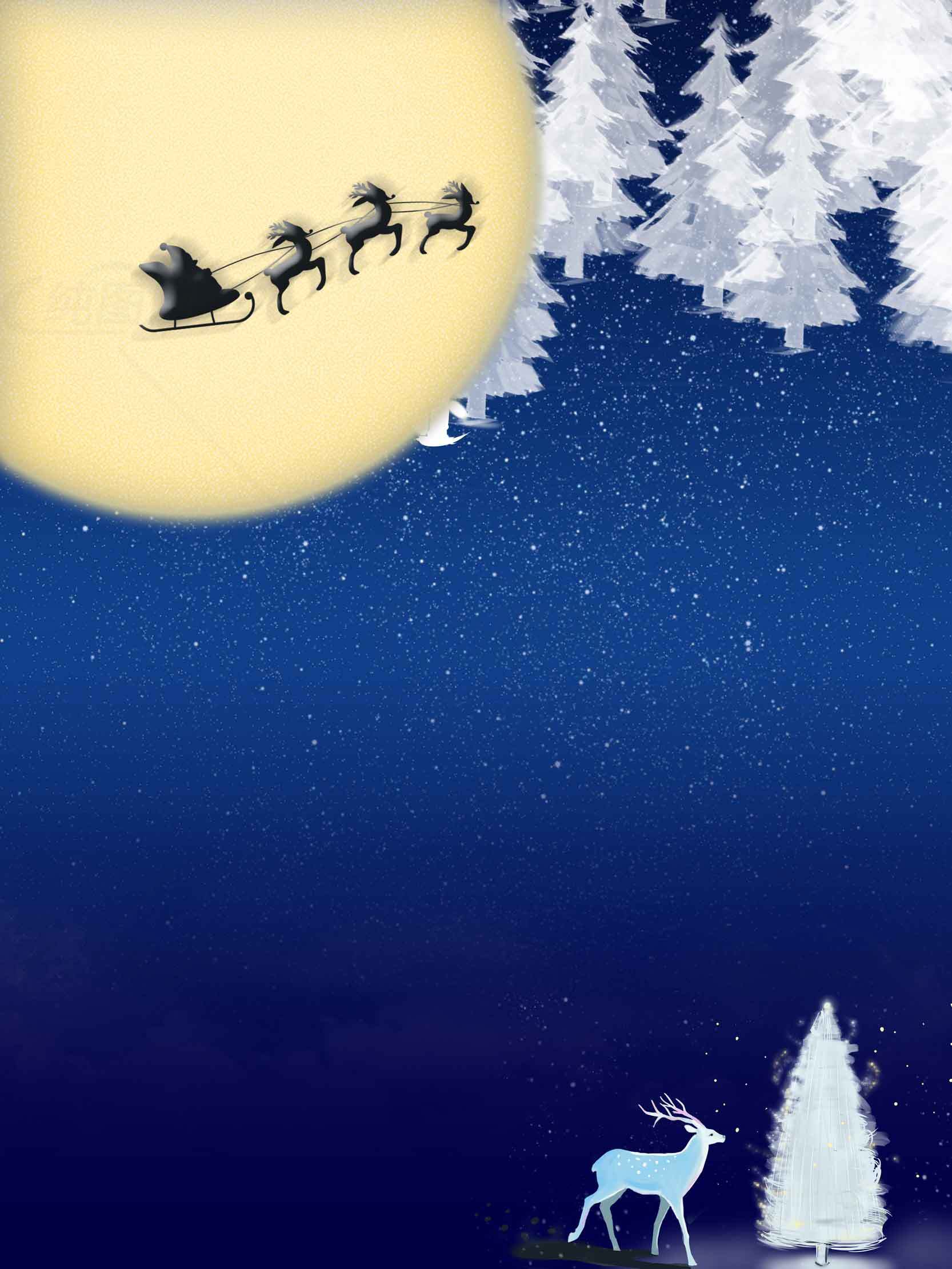 圣诞夜空中的雪地与麋鹿素材