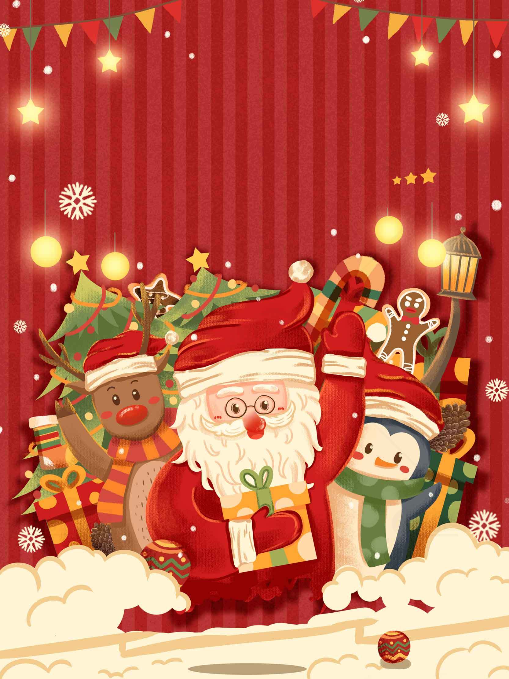 圣诞节红色主题插画：圣诞老人与朋友们的欢乐时光素材