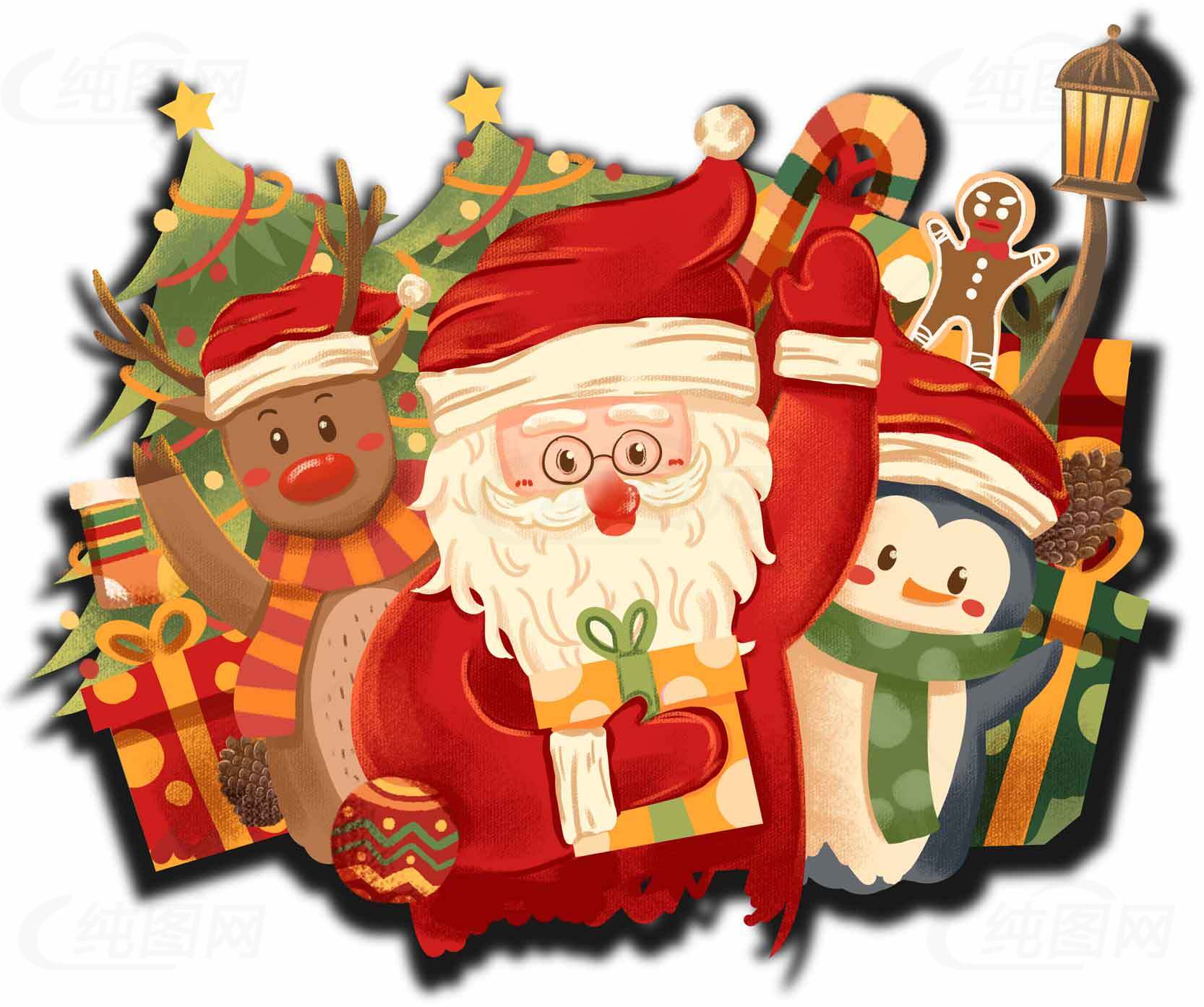 圣诞节卡通插画：圣诞老人、驯鹿与企鹅的欢乐庆祝素材