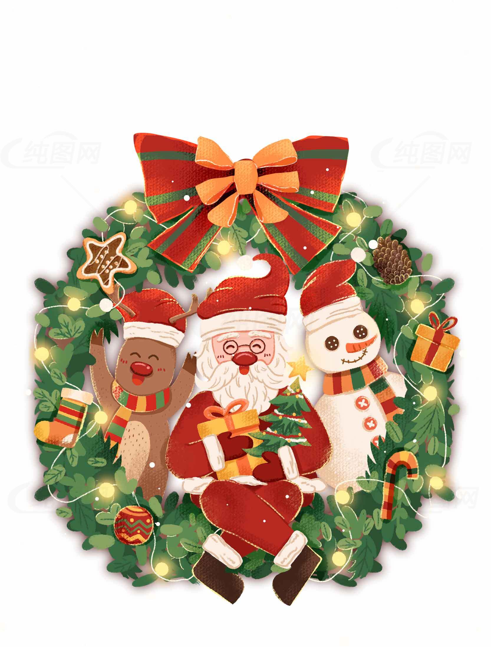 圣诞节装饰品：圣诞老人、雪人和麋鹿主题花环素材