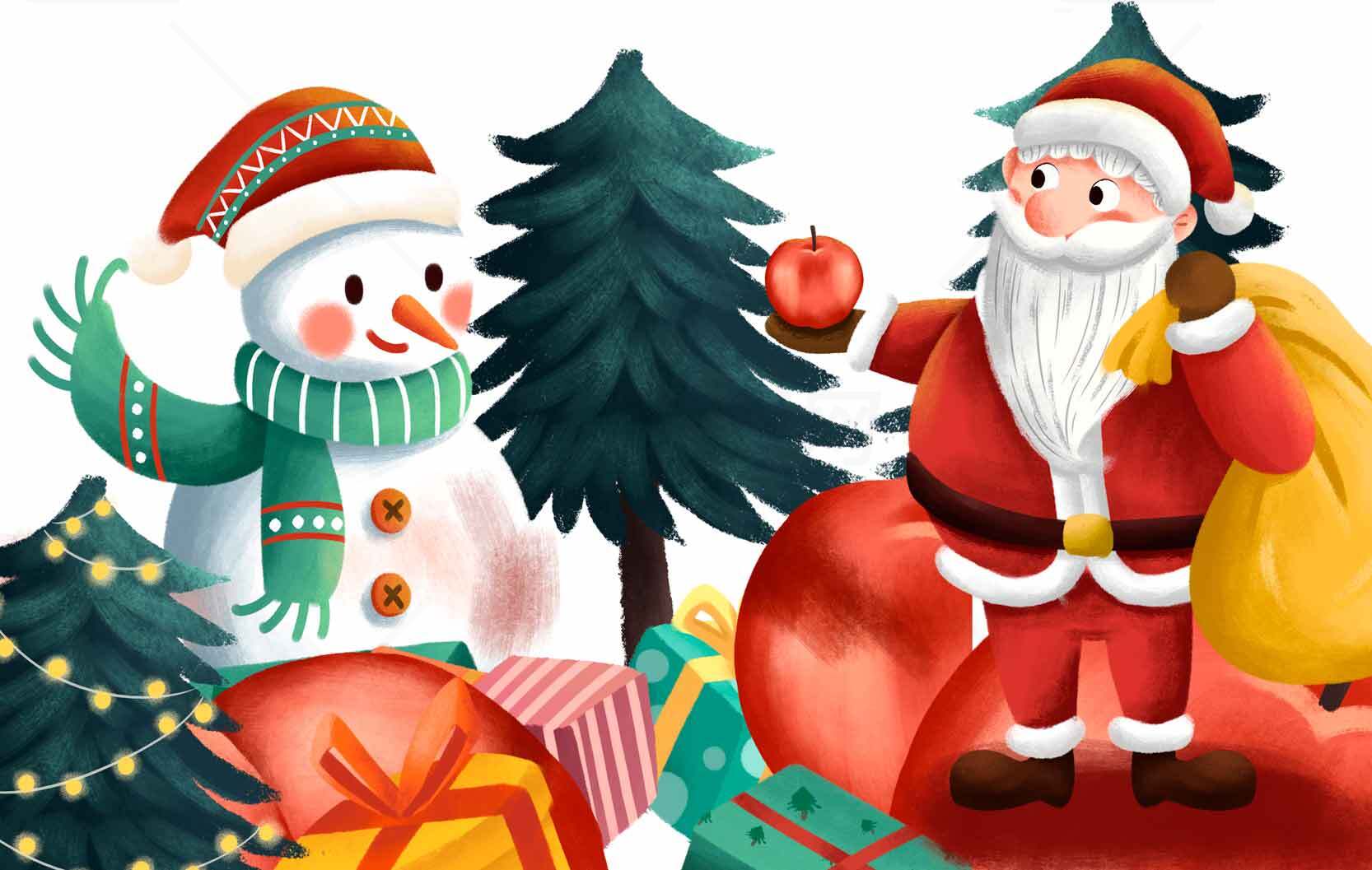 圣诞节雪人和圣诞老人送礼物插画素材