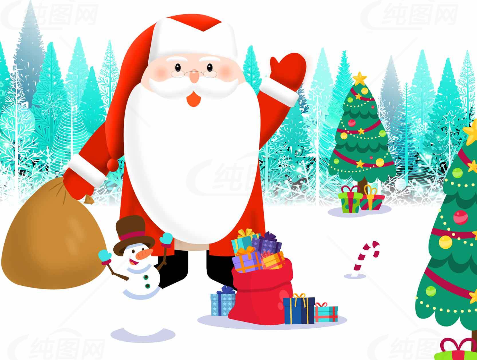 圣诞节主题插画：圣诞老人与雪人欢庆冬季素材