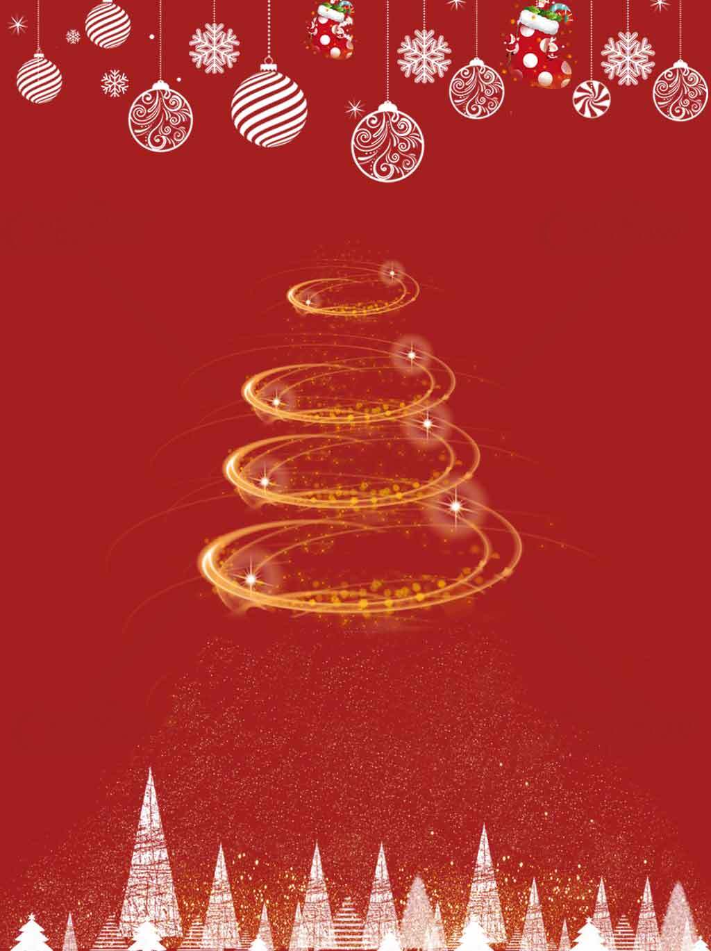 圣诞节红色背景图片-金色旋转圣诞树设计素材