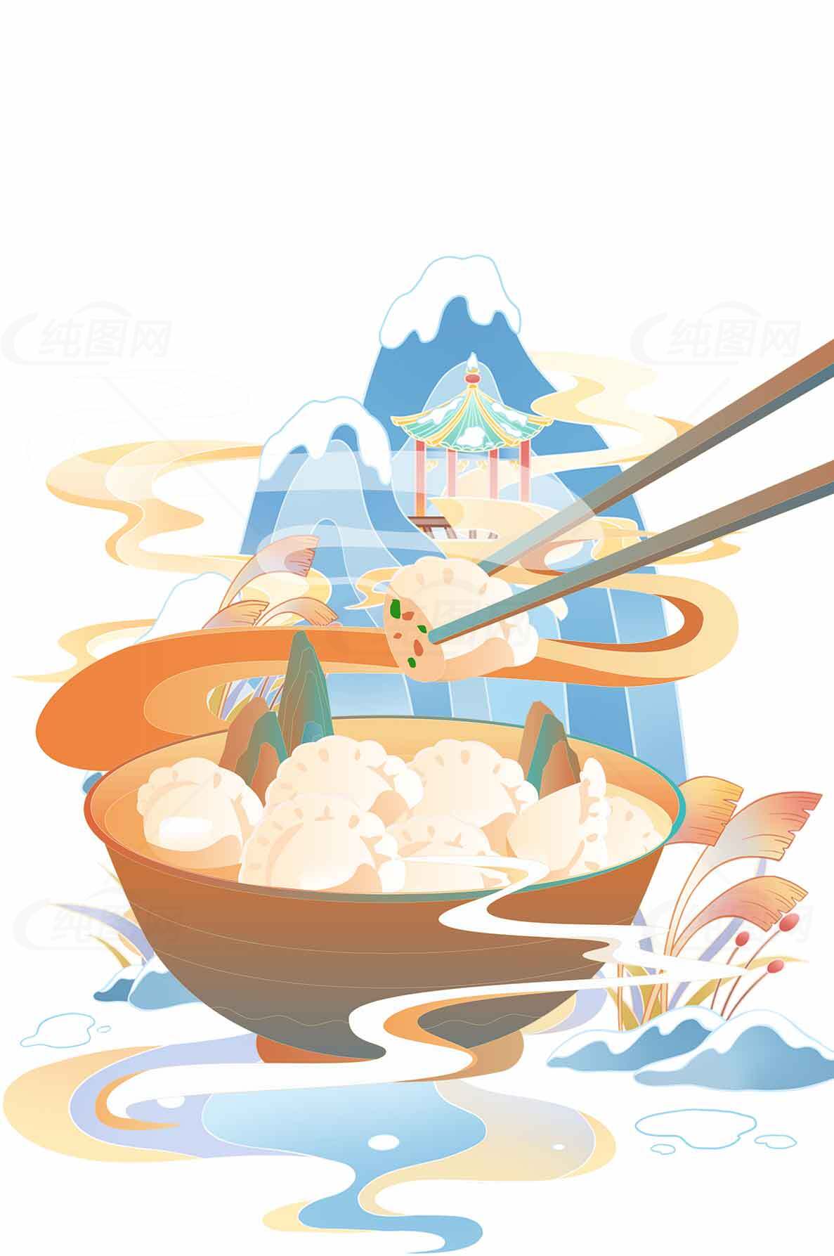 美味中国传统美食插画：山水与米饭的完美结合素材