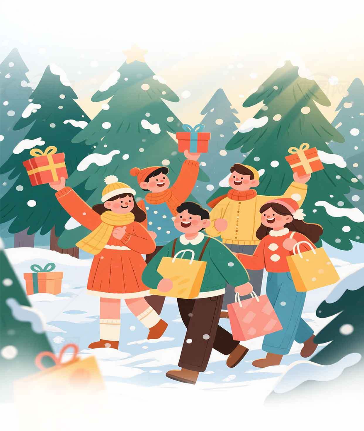 欢乐冬季节日庆祝场景插画素材