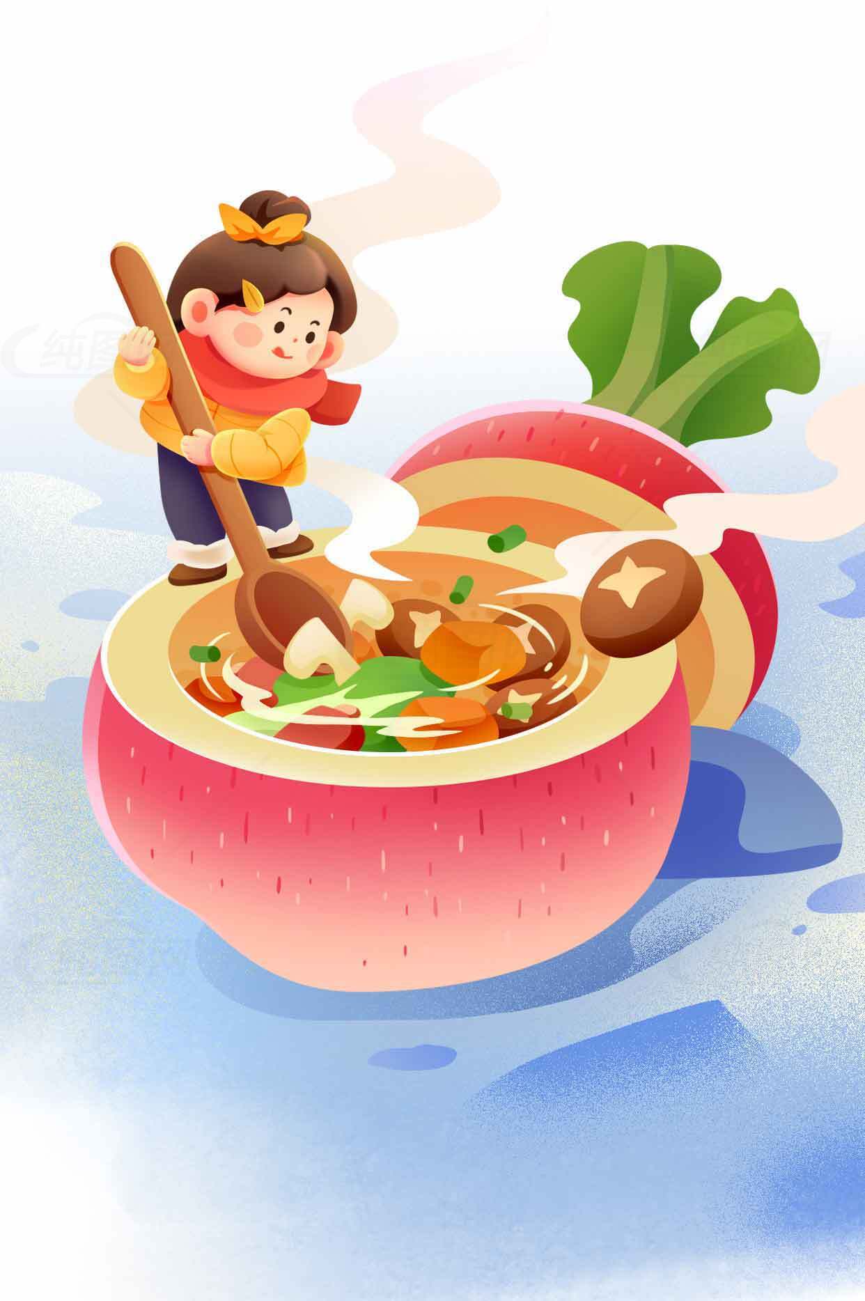 创意苹果汤插画设计：童趣与美食的完美结合素材