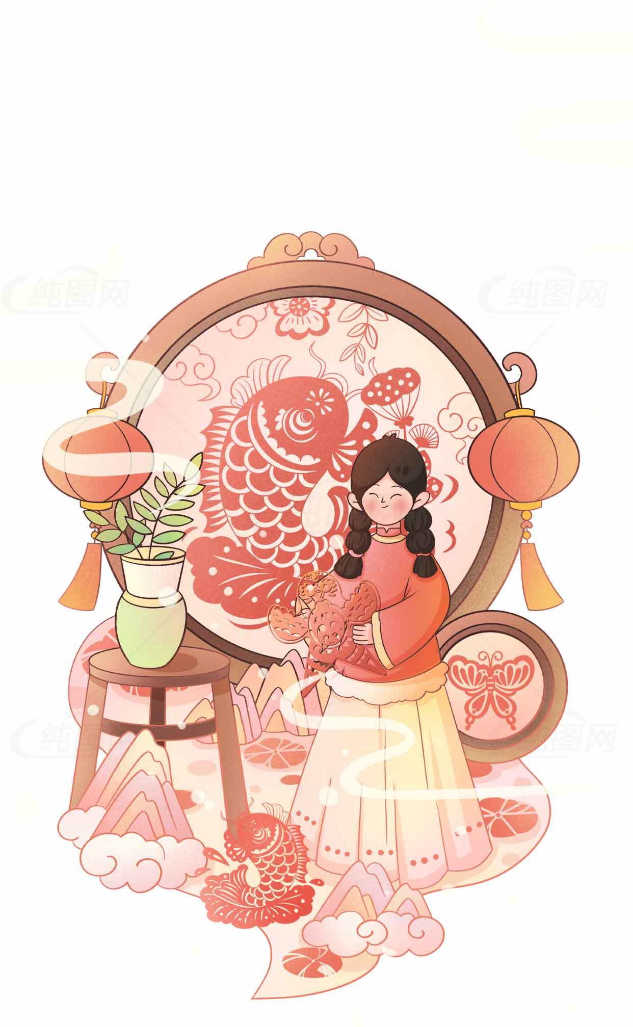 新年喜庆插画：年年有余素材