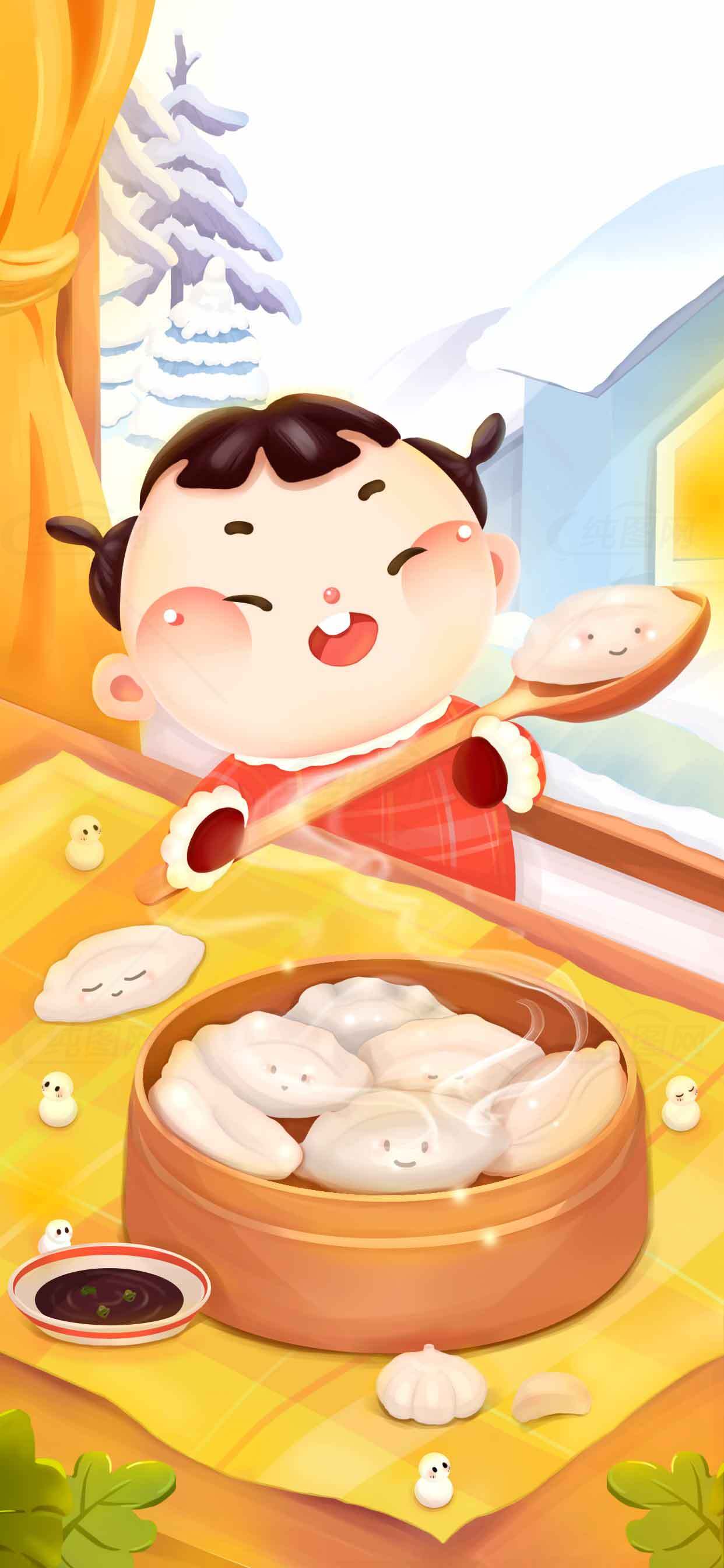 冬日温馨卡通插画：孩子与热气腾腾的饺子素材