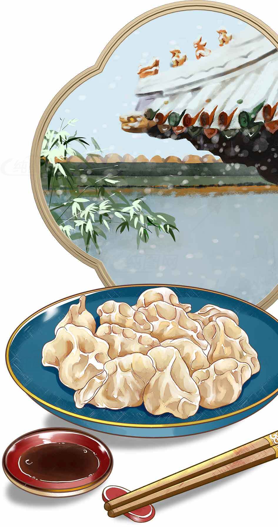 传统中式饺子与古典园林背景的完美结合素材