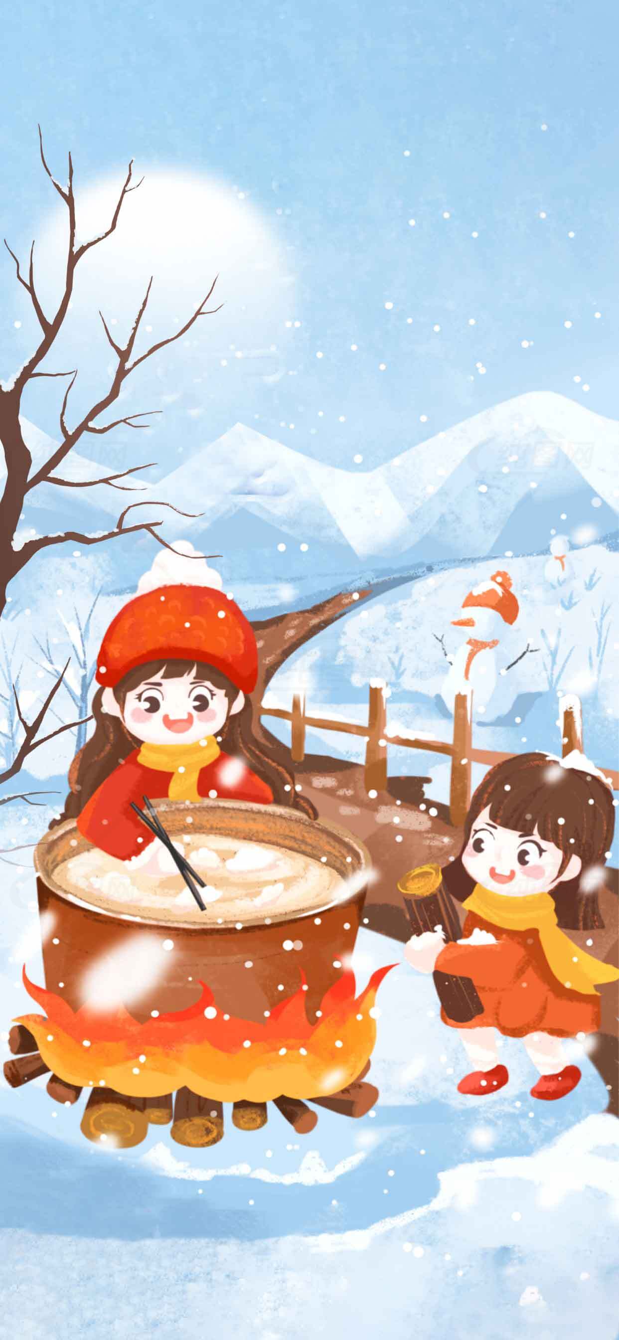 冬日雪景下的温暖煮汤场景插画素材