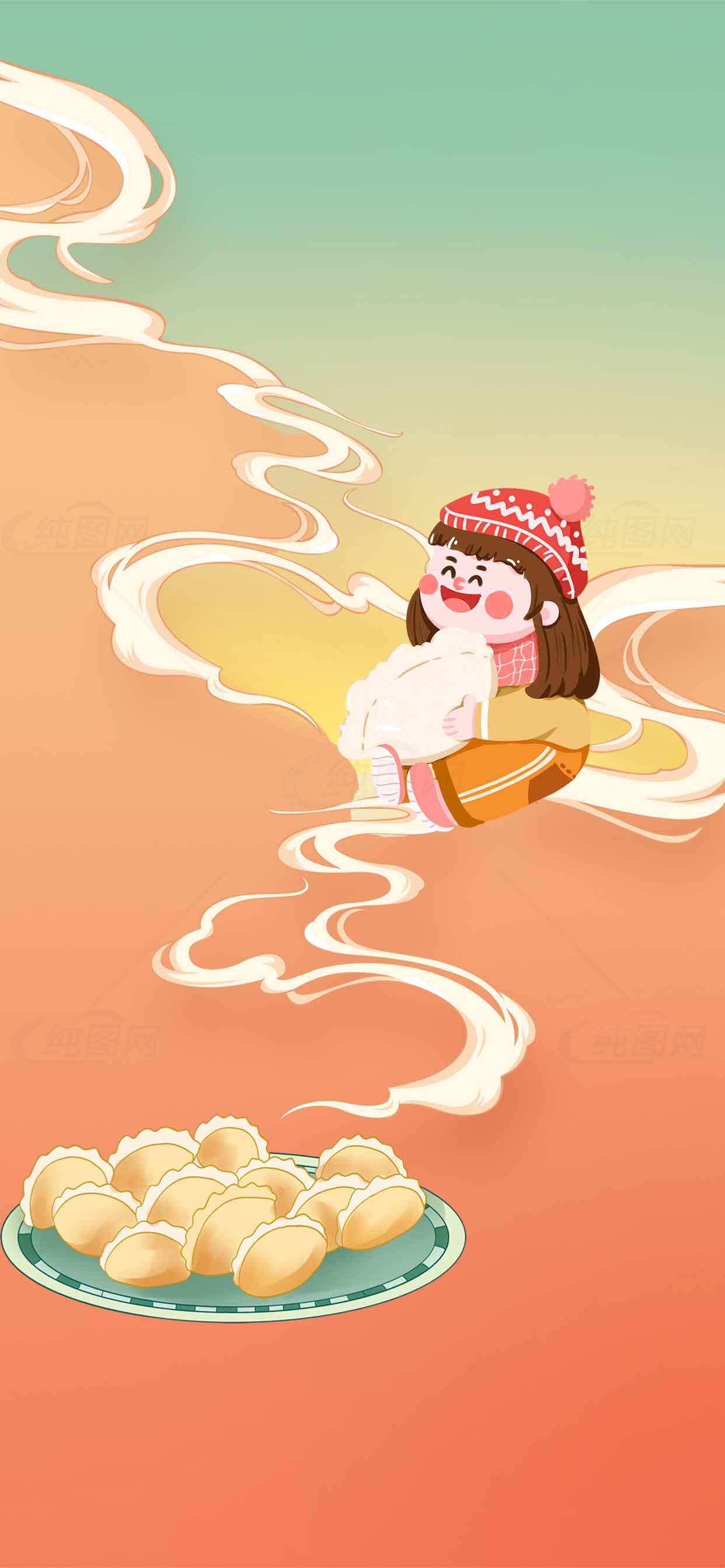 冬季暖心美食插画：女孩与热气腾腾的包子素材