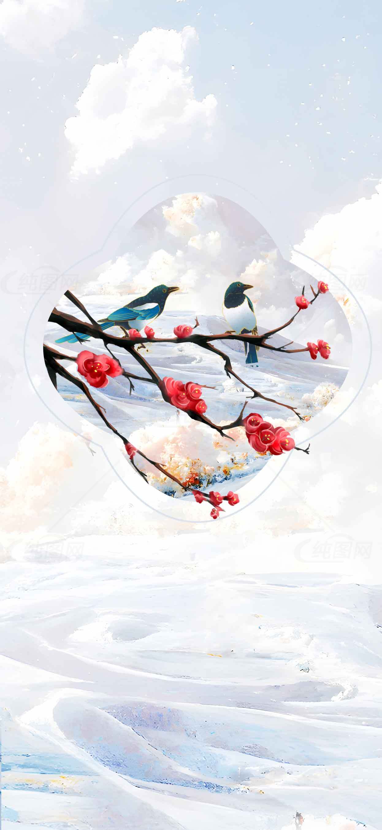 冬日梅花与喜鹊唯美插画背景图片素材