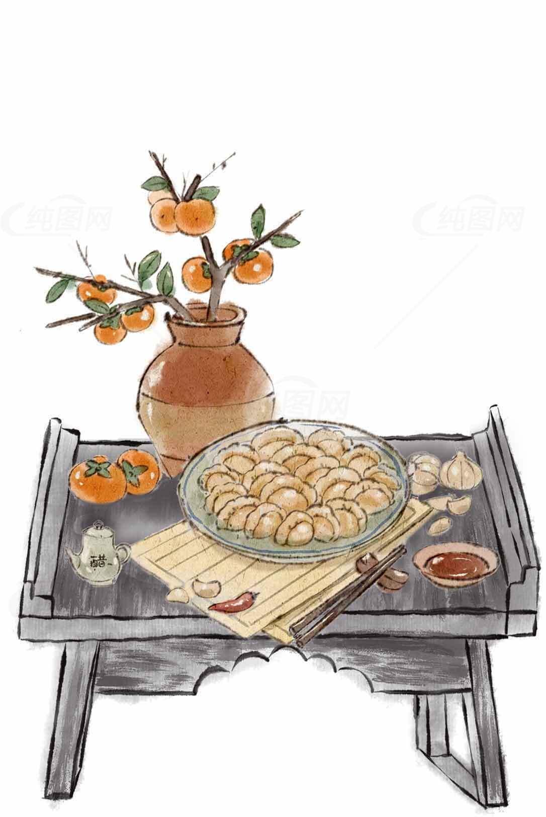 秋日柿子与传统点心的静物画素材