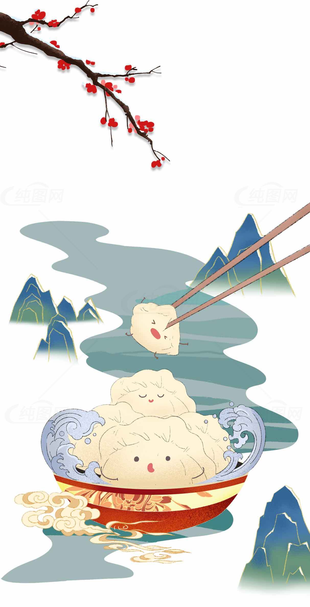 中国传统美食插画：可爱的饺子与山水背景素材