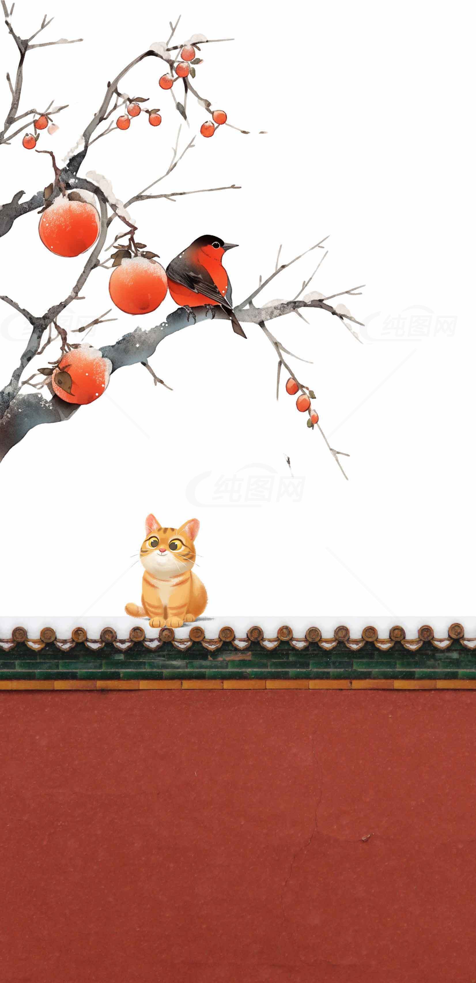 中国风红墙柿子树与猫鸟意境插画素材