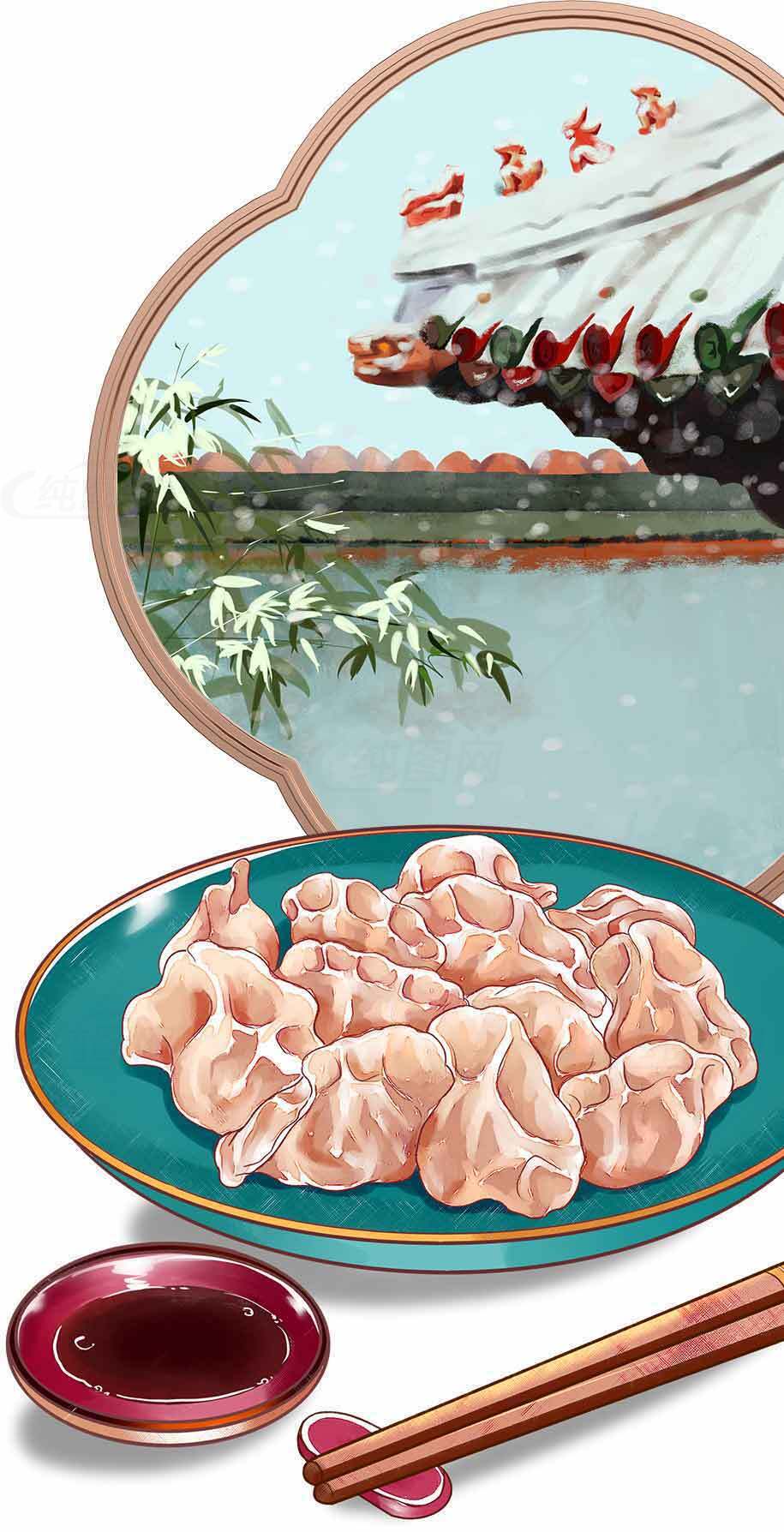 冬日传统美食饺子与古风庭院背景素材