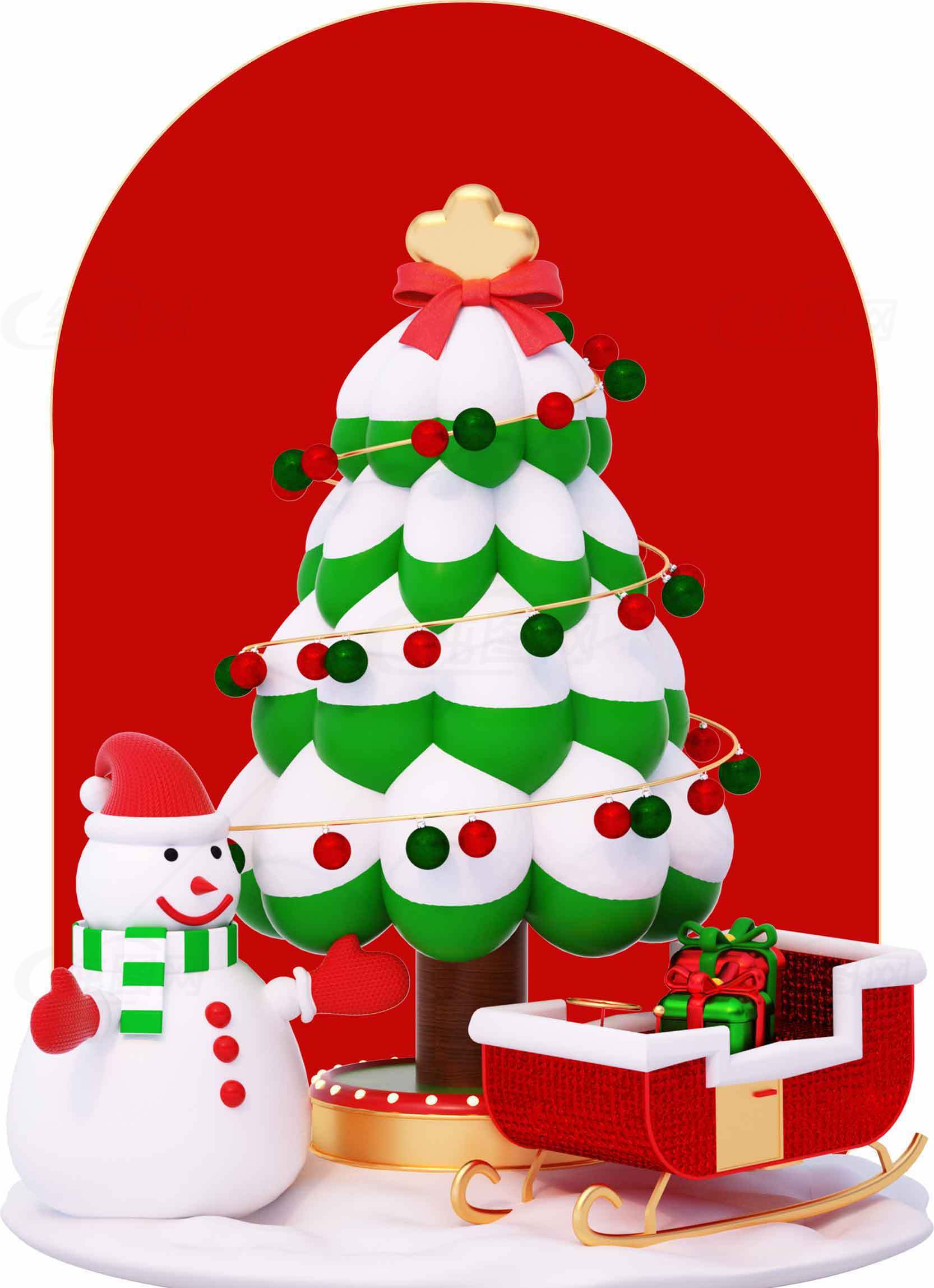 圣诞节装饰：雪人、圣诞树与礼物雪橇的完美搭配素材