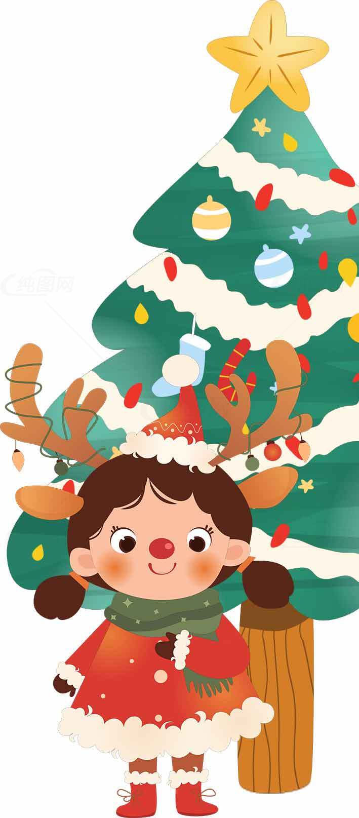 圣诞节可爱驯鹿女孩与圣诞树插画素材