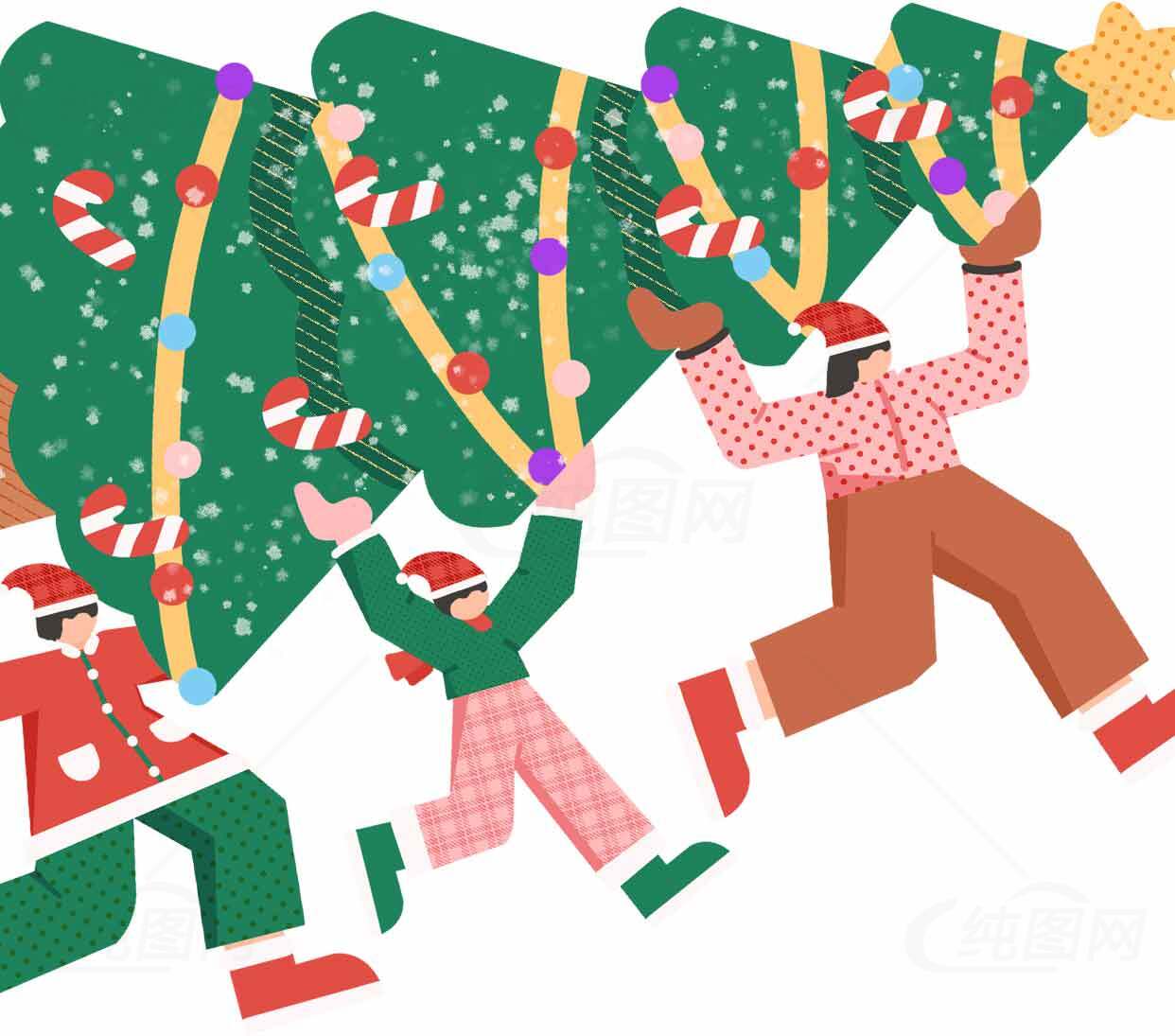 欢乐圣诞节家庭装饰圣诞树插画素材