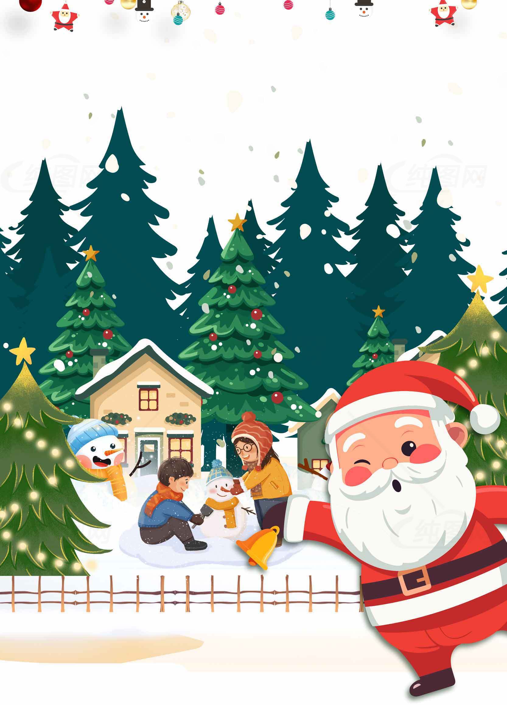 圣诞节雪景插画：圣诞老人和孩子们的欢乐时光素材