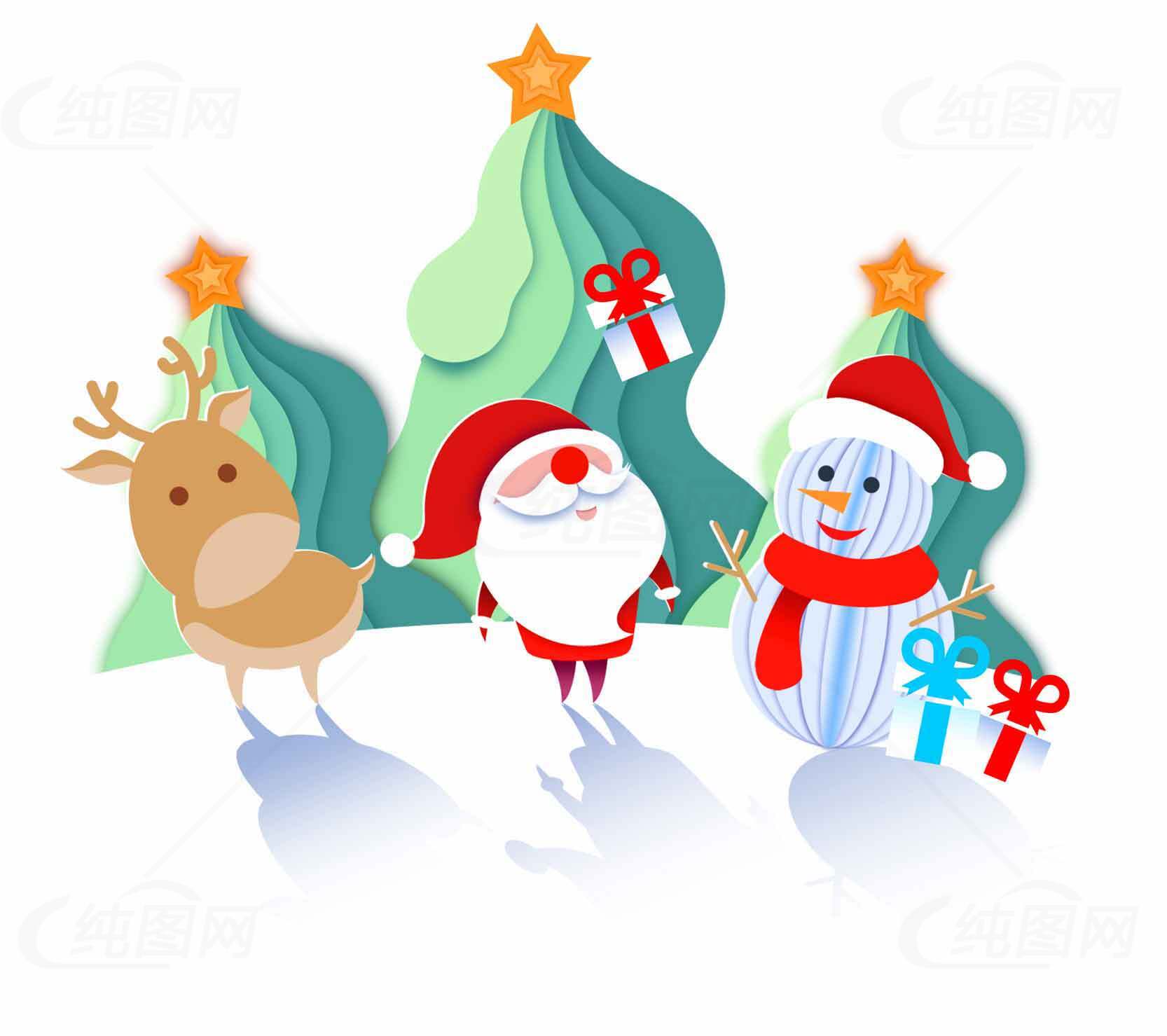 圣诞节卡通插画：圣诞老人、雪人和驯鹿的节日庆祝素材