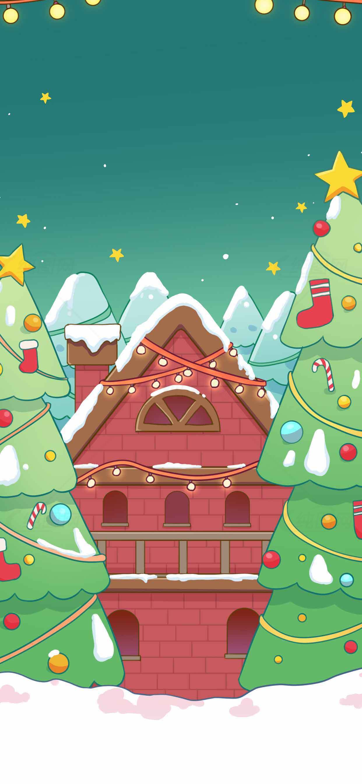 圣诞节雪景插画：温馨小屋与装饰圣诞树素材