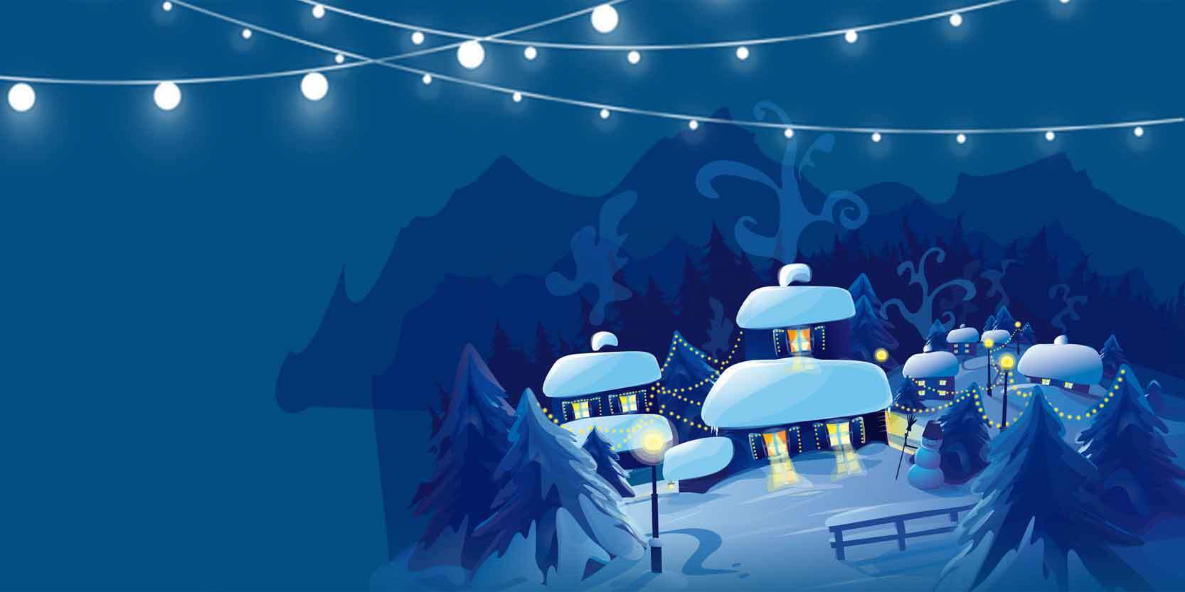 冬季雪景插画：梦幻蓝色村庄与灯光装饰素材
