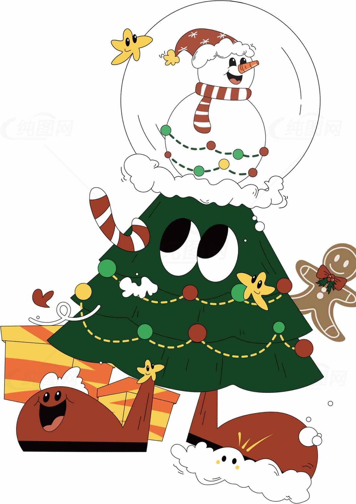 圣诞节卡通插画：可爱圣诞树与雪人装饰素材