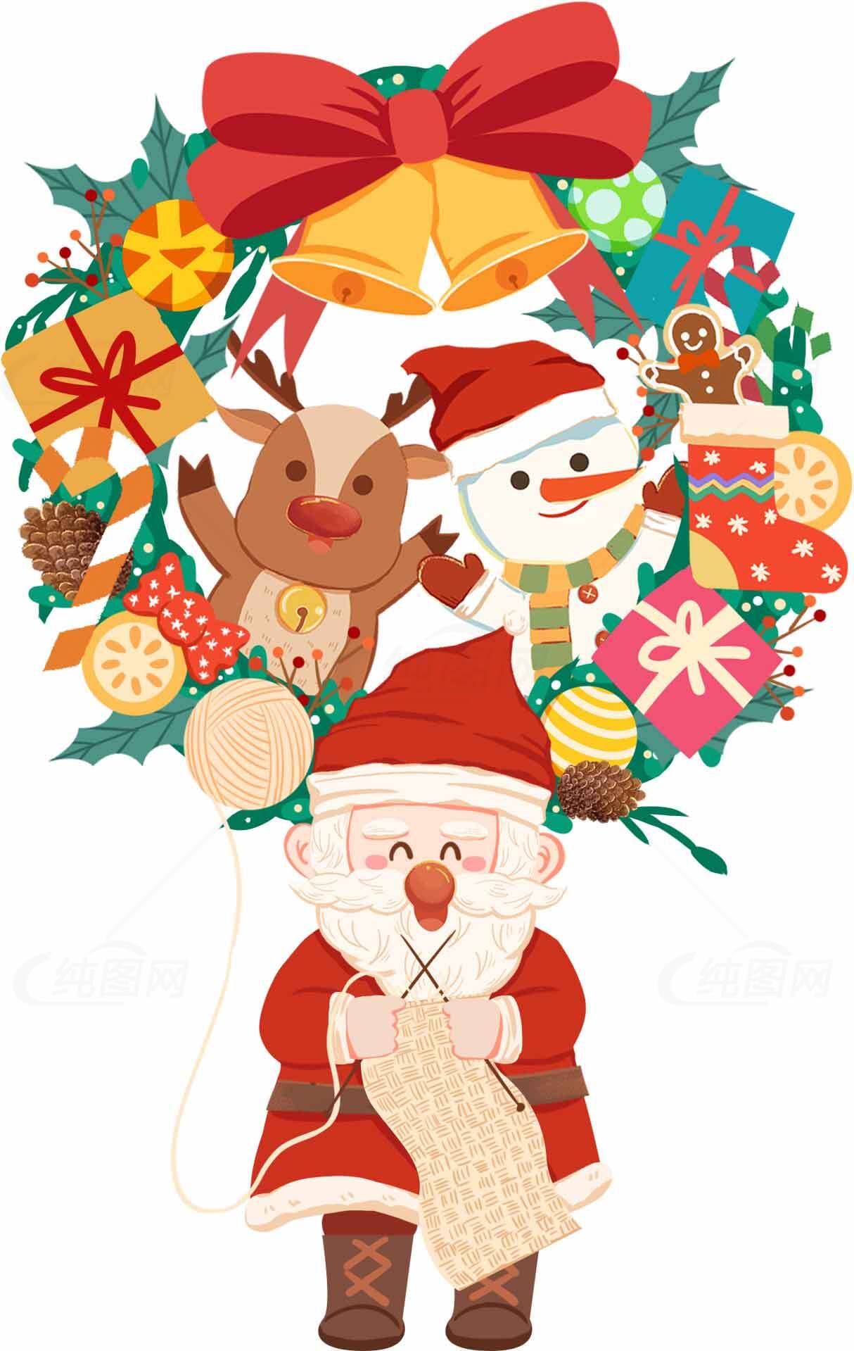 圣诞节手绘插画：圣诞老人、雪人和驯鹿的节日装饰素材