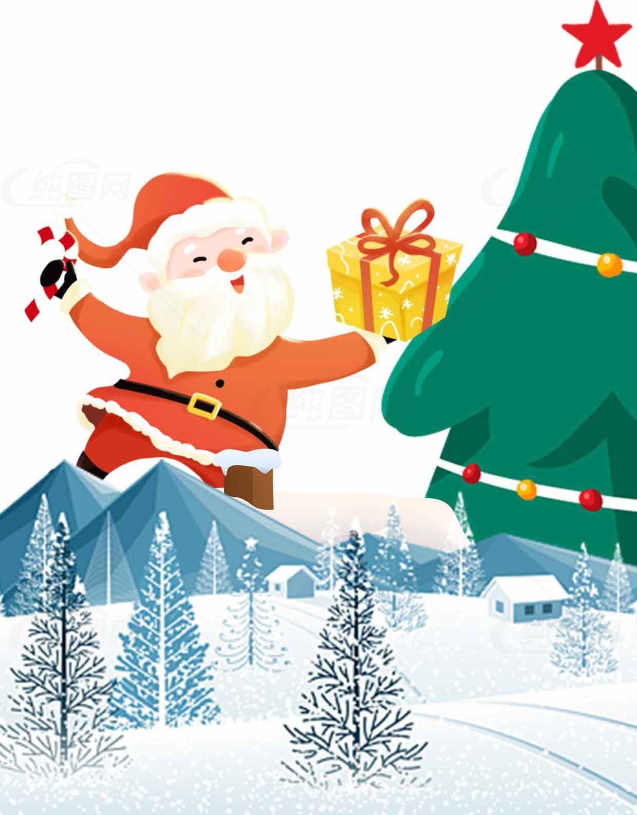 圣诞老人送礼物的冬季雪景插画素材