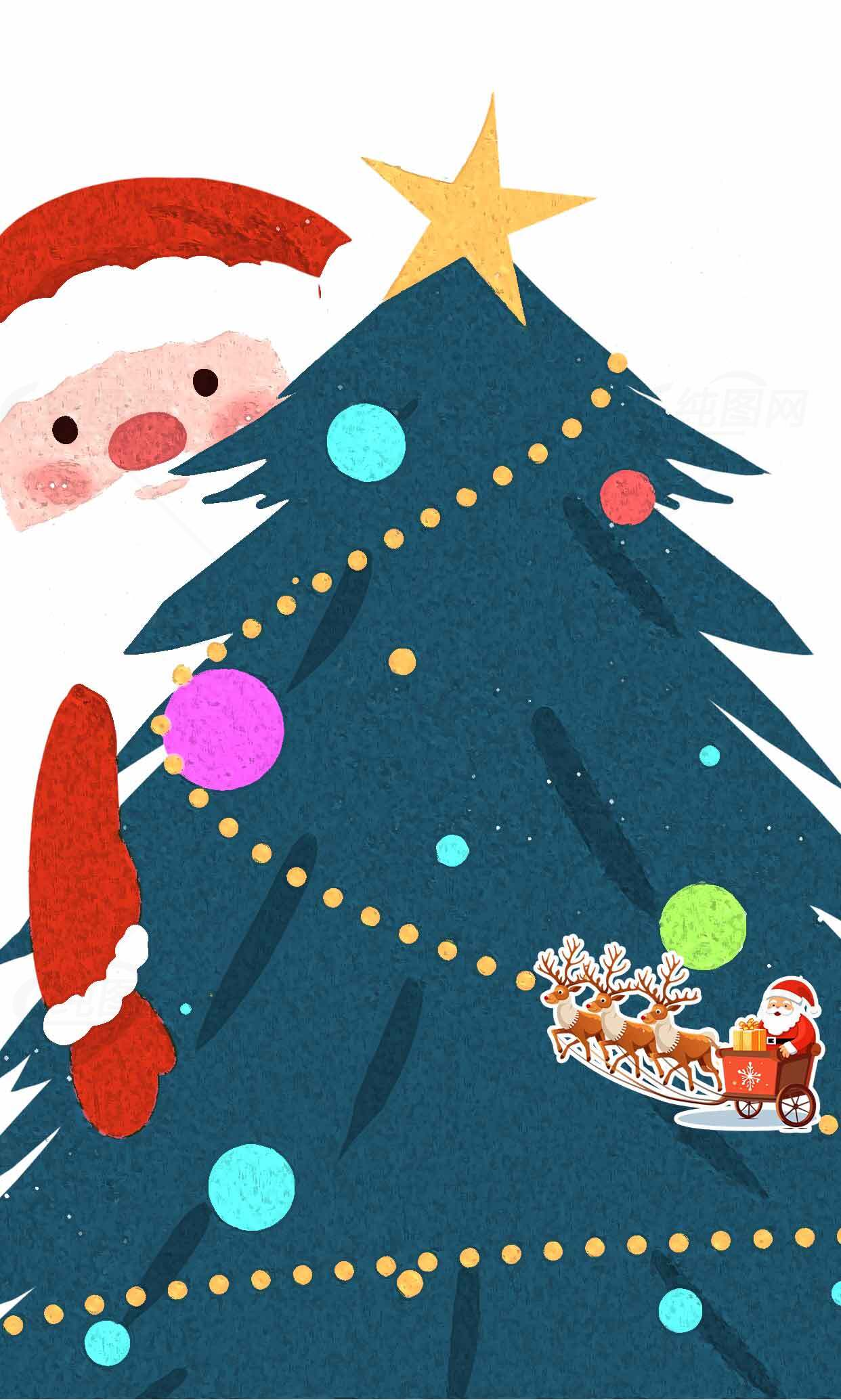 圣诞节卡通插画：圣诞树与圣诞老人素材