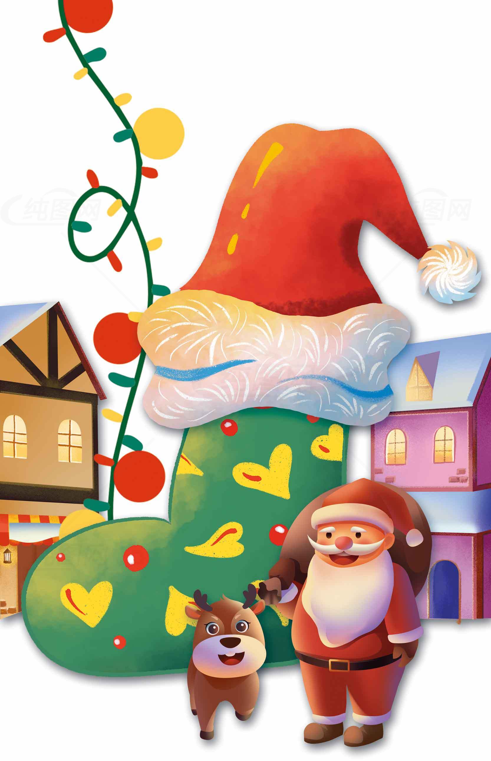 圣诞节卡通插画：圣诞老人和驯鹿的节日场景素材