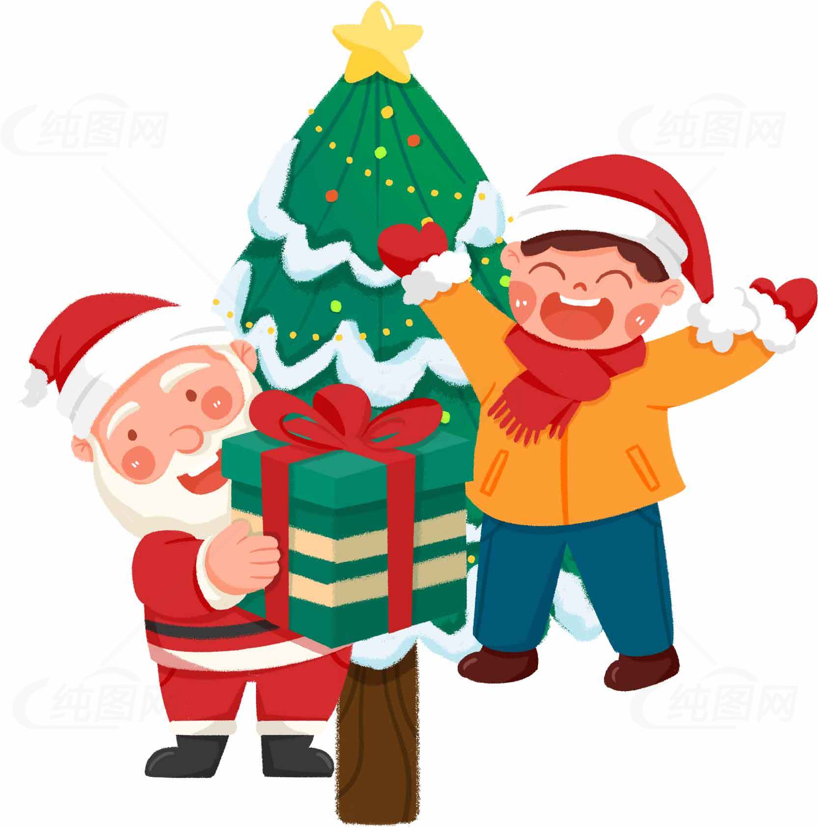 圣诞节快乐：圣诞老人和孩子装饰圣诞树的温馨场景素材