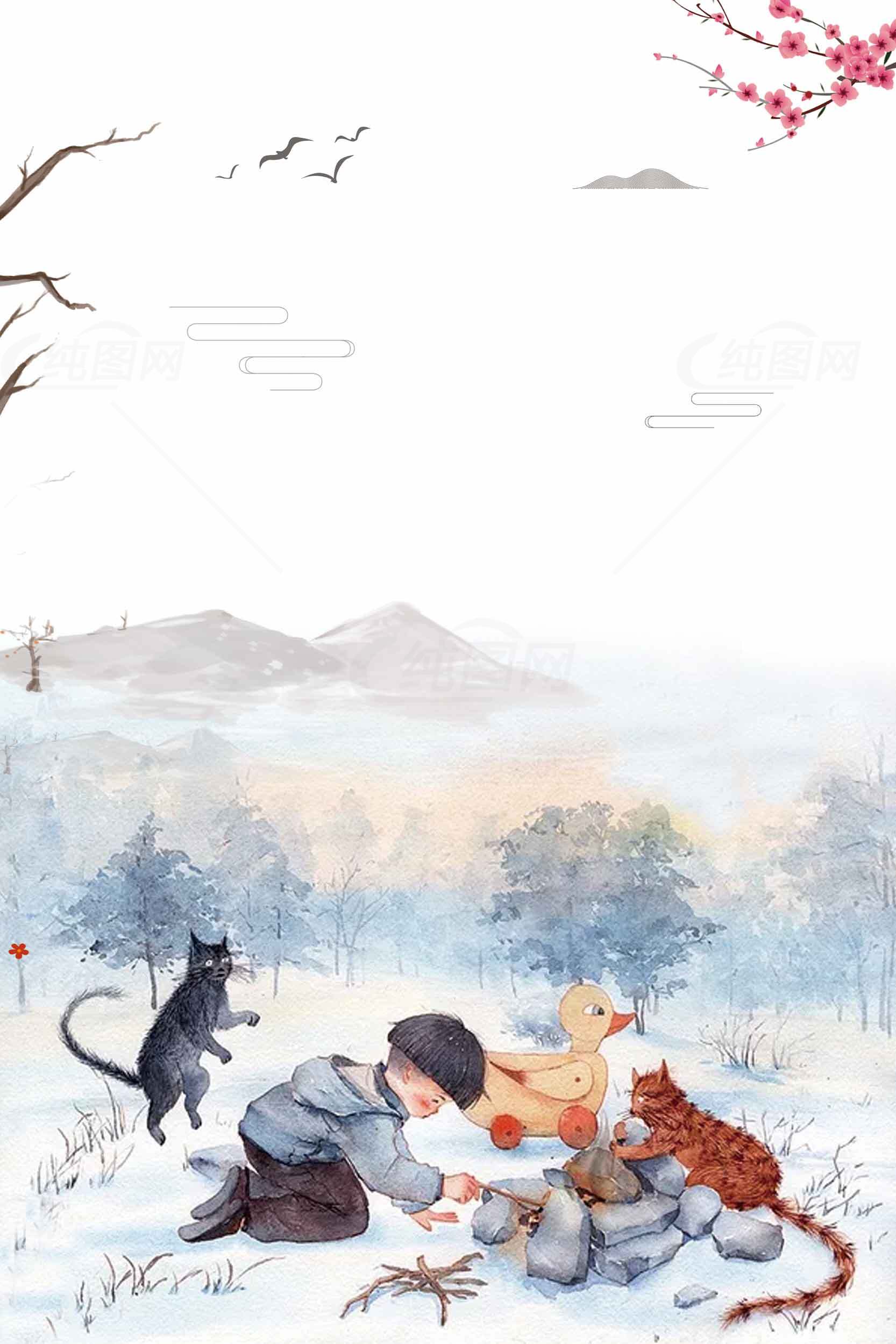 冬日田园儿童与动物插画场景素材