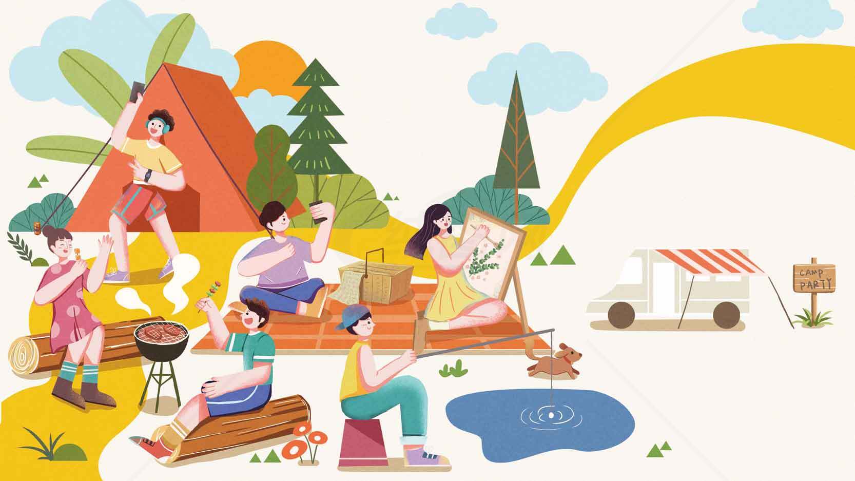 夏日露营野餐插画场景素材