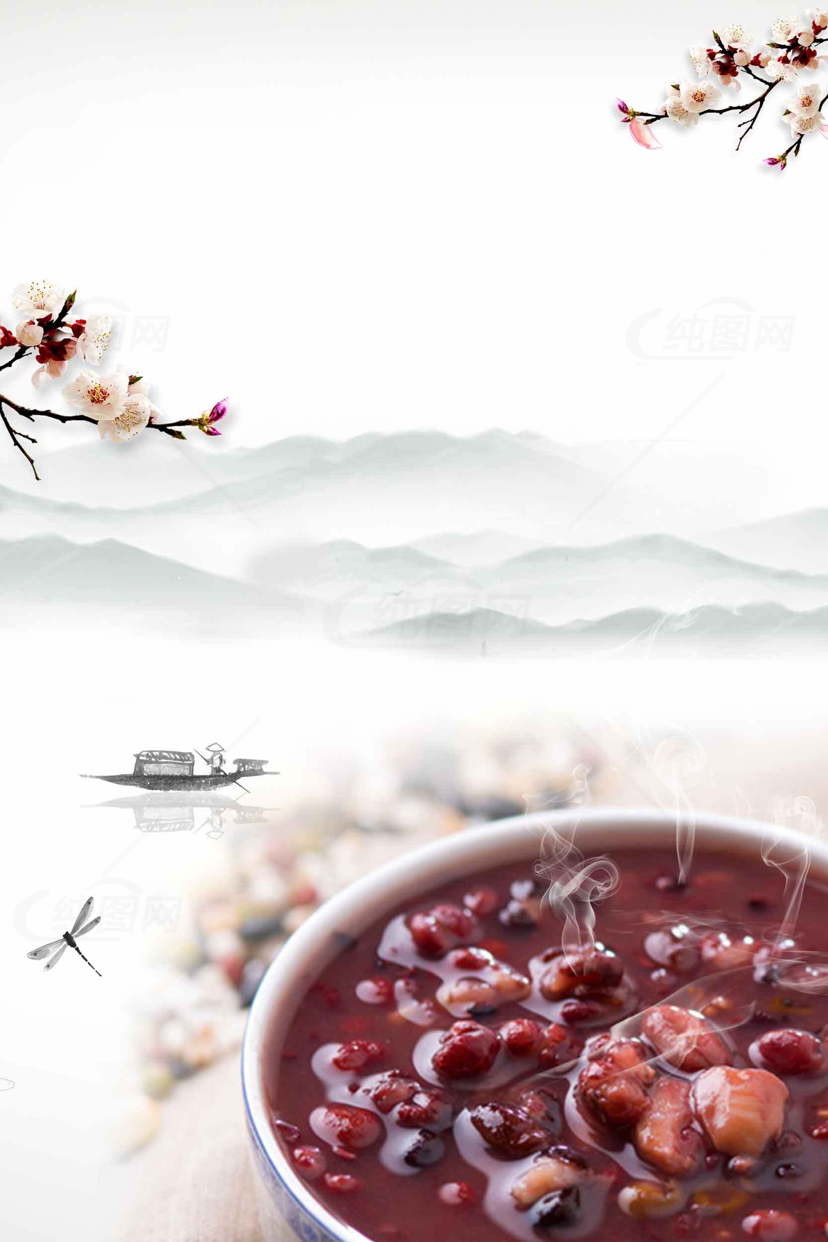 传统红豆汤与山水意境美食摄影素材